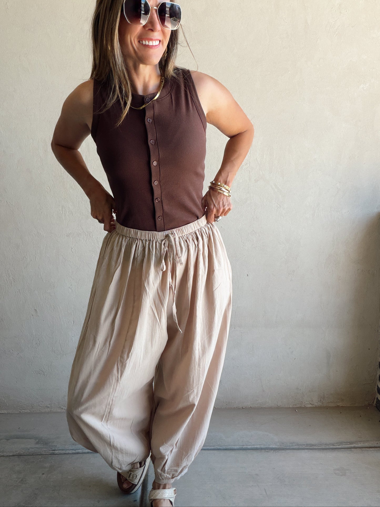 Tara Flowy Parachute Pants in Tan