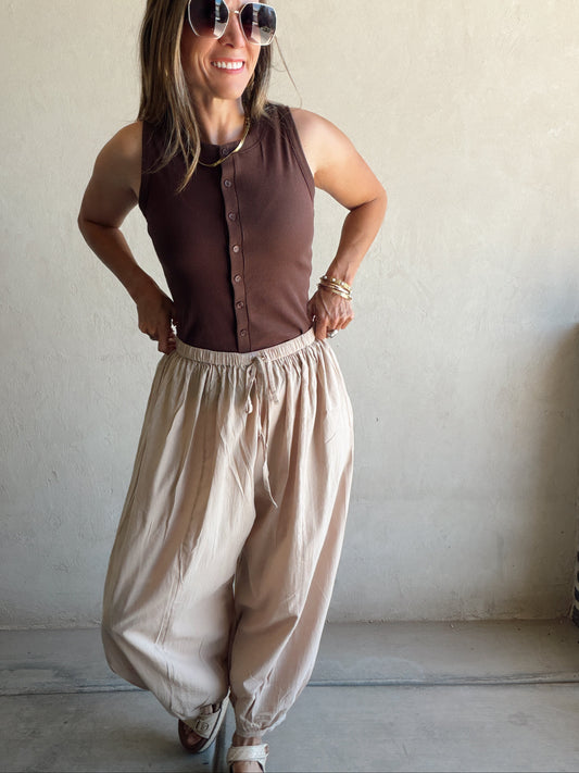 Tara Flowy Parachute Pants in Tan