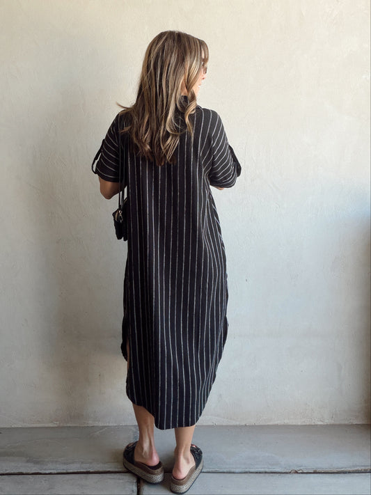 Tia Dress in Black with White Stripes