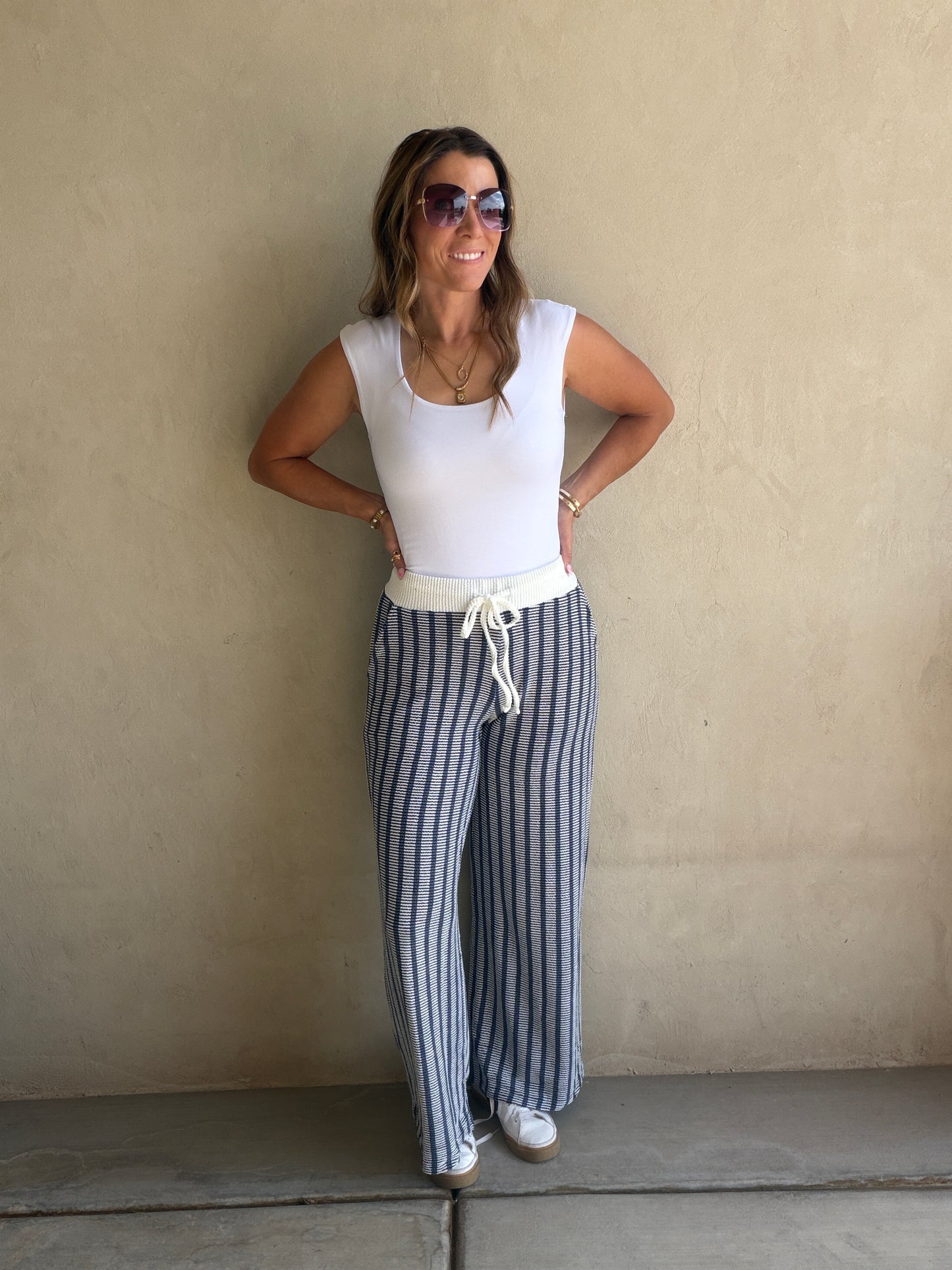 Andrea Ribbed Pants in Navy & Ivory