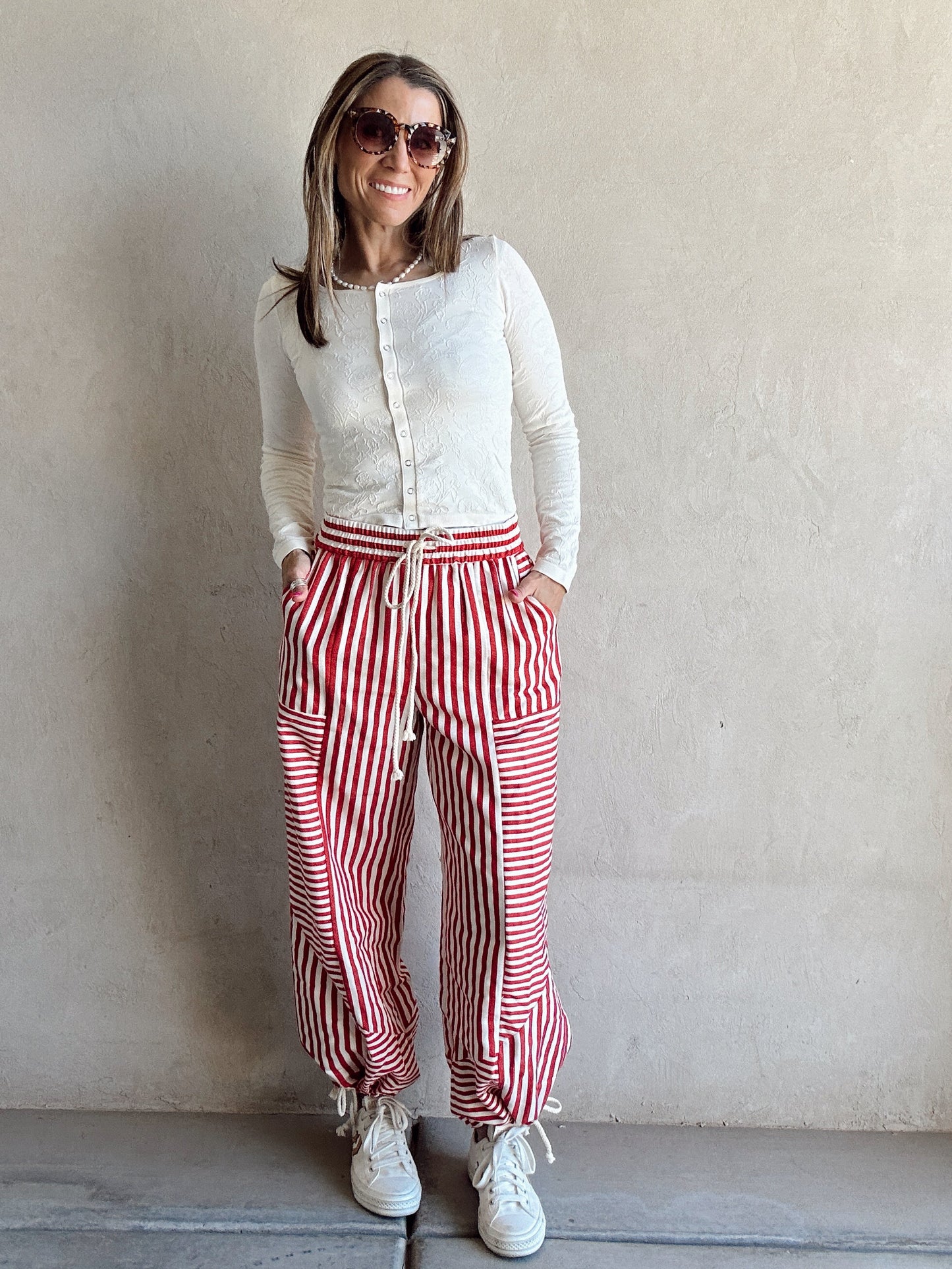 Ella Parachute Striped Pants in Red & Ivory