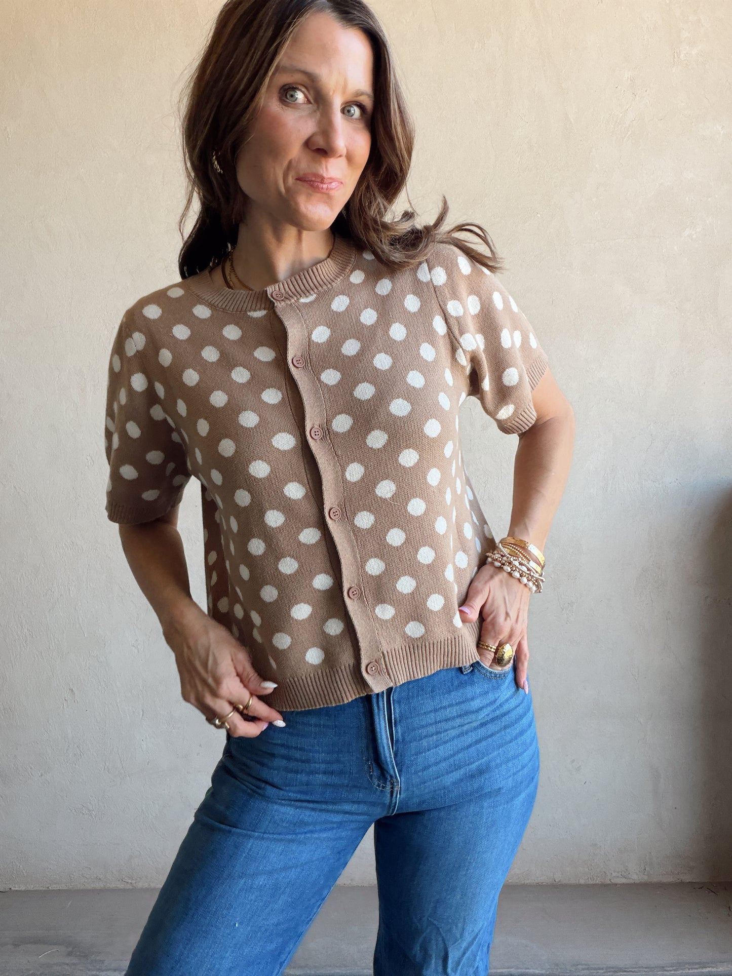 Polka Dot Cardigan in Taupe & Ivory