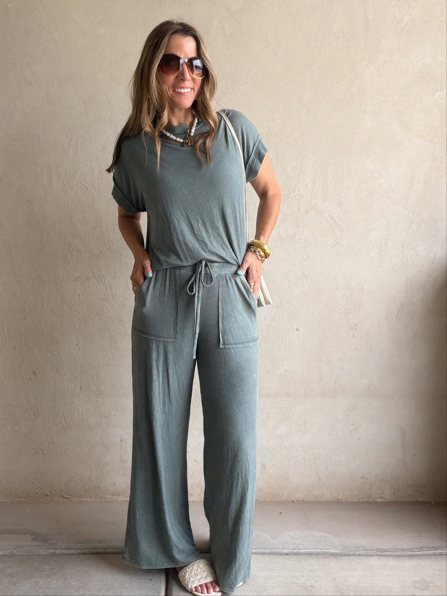 Raelyn Ribbed Mineral Washed Set in Ash Jade