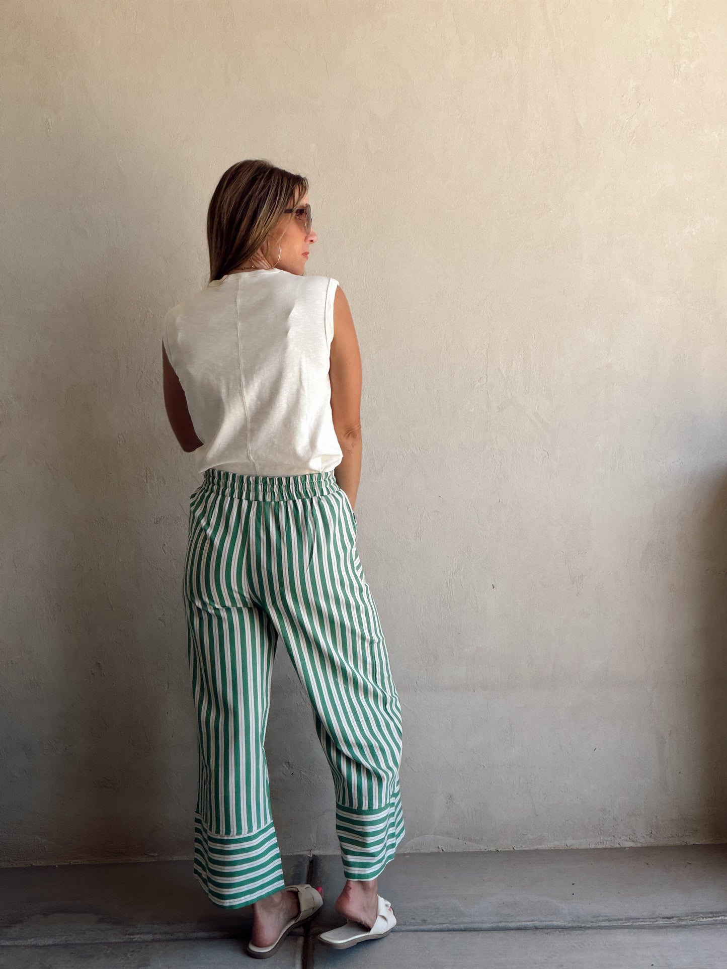 Kyla Drawstring Stripe Linen Pants in Green & Sand