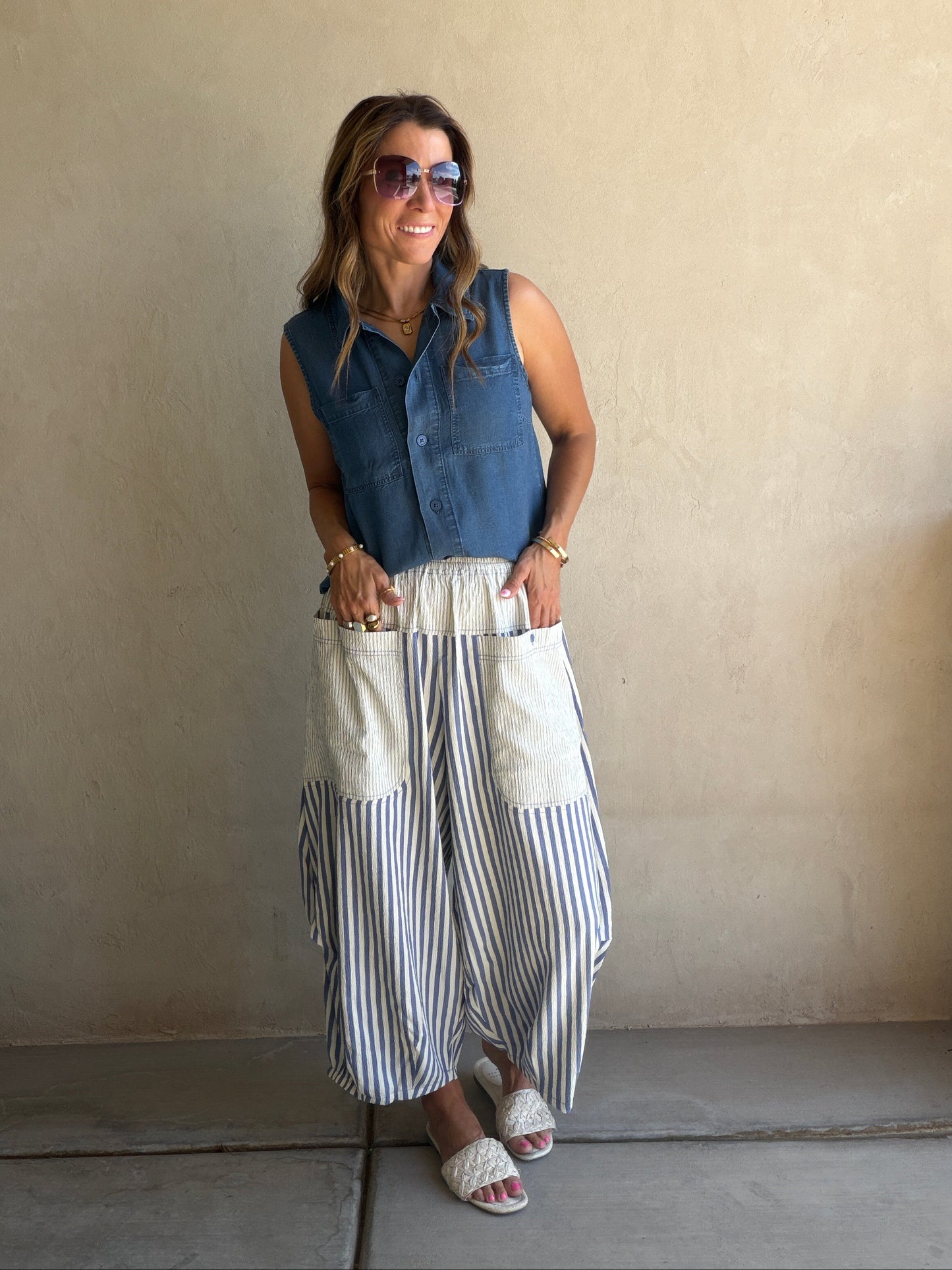 Charley Striped Parachute Pants in Blue & Cream