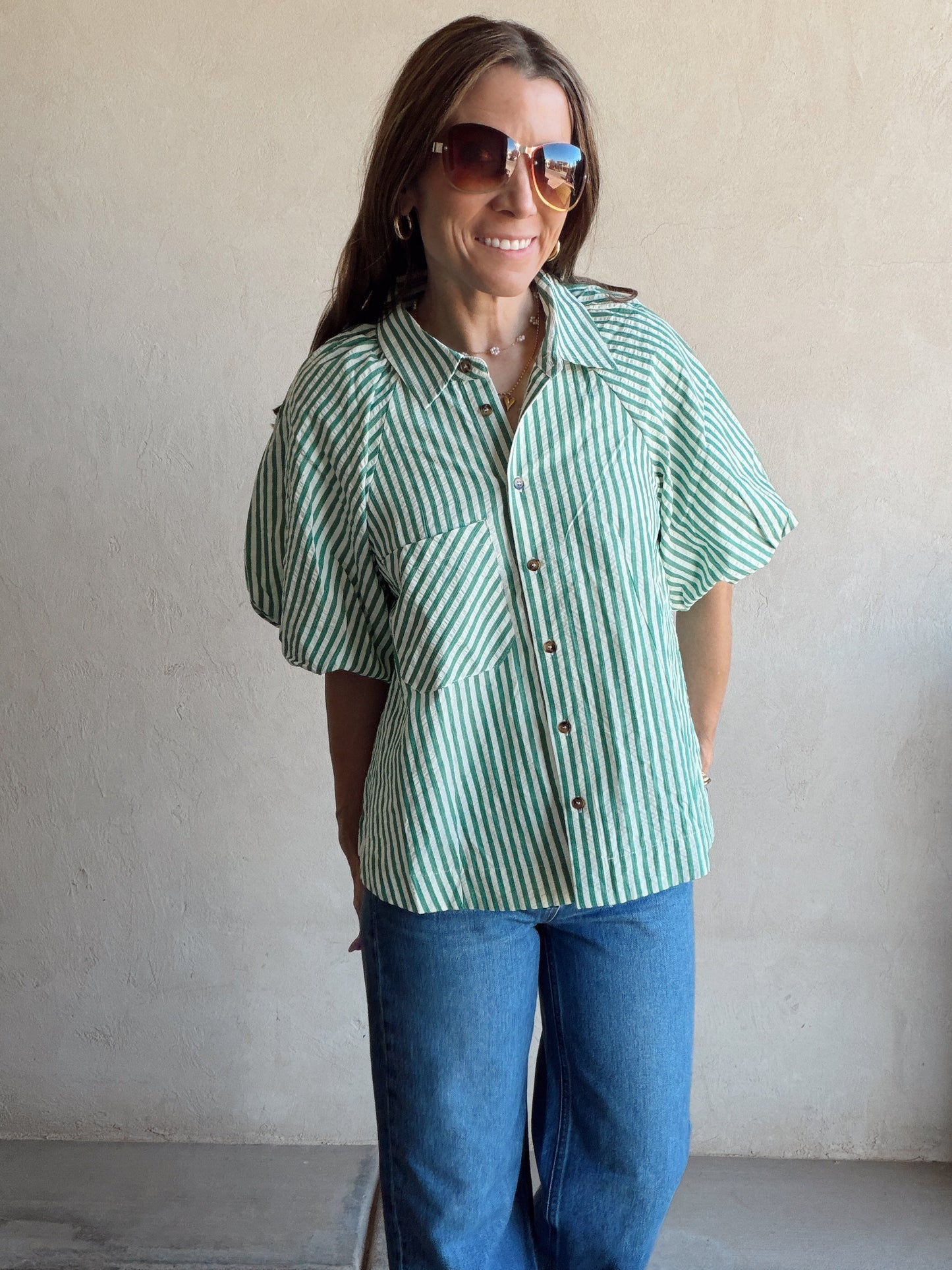 Jess Button Up Top in Green Stripe