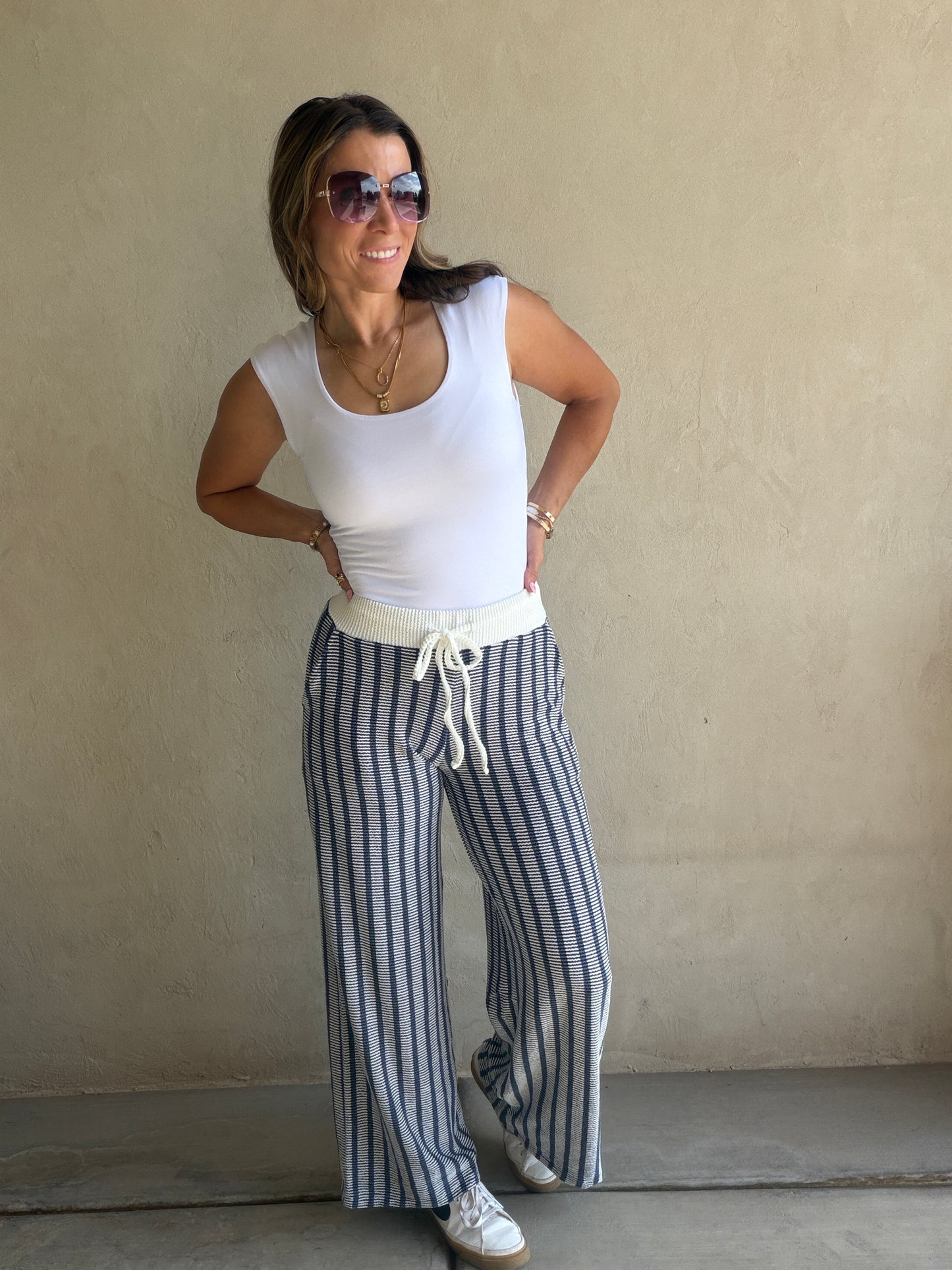 Andrea Ribbed Pants in Navy & Ivory