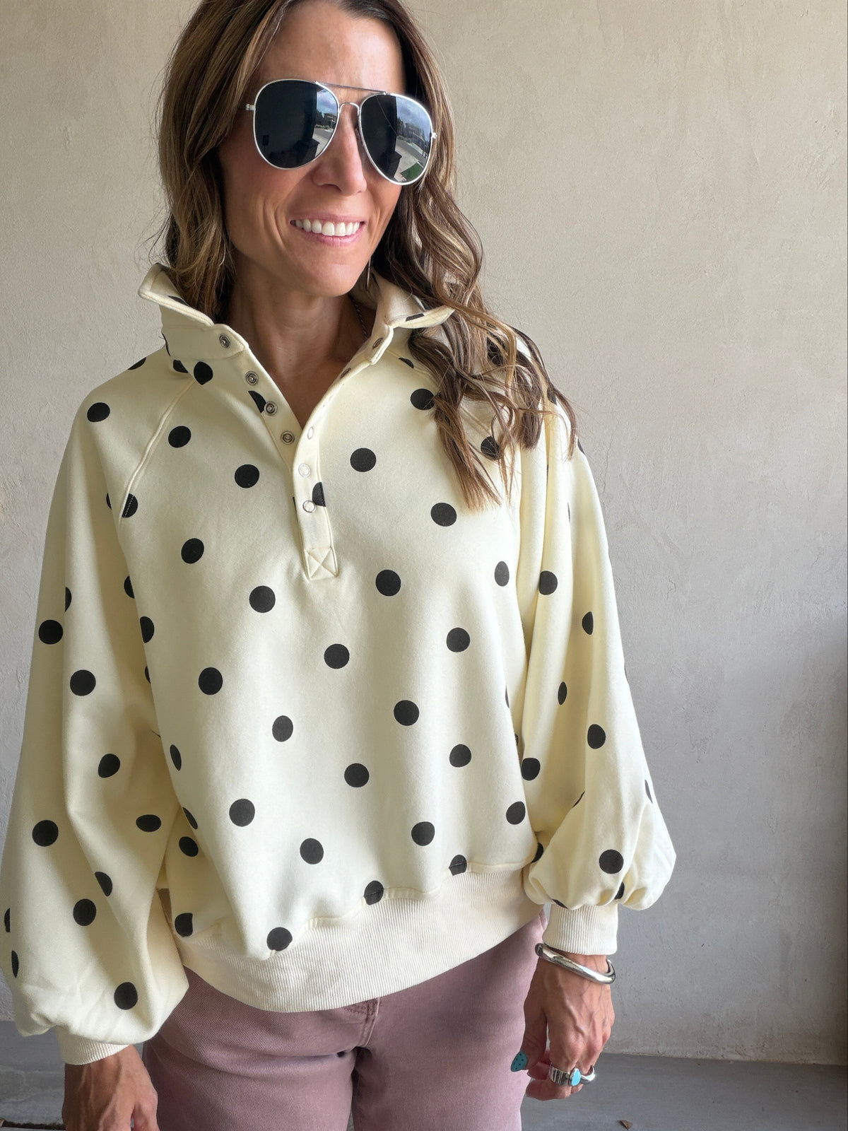 Kaylani Sweatshirt in Soft Yellow & Dark Brown Polka Dot