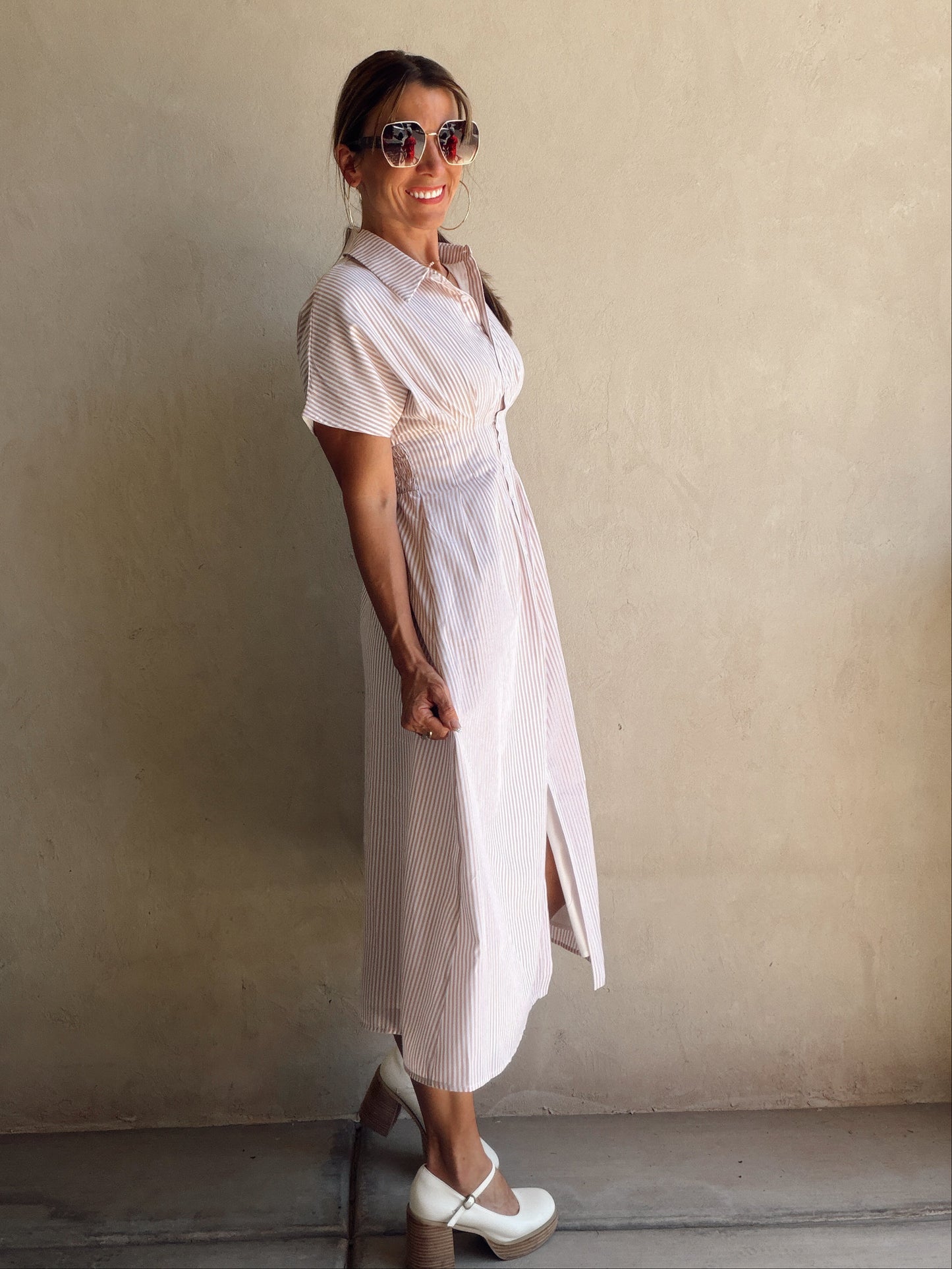 Sherri Striped Dress in Taupe & White