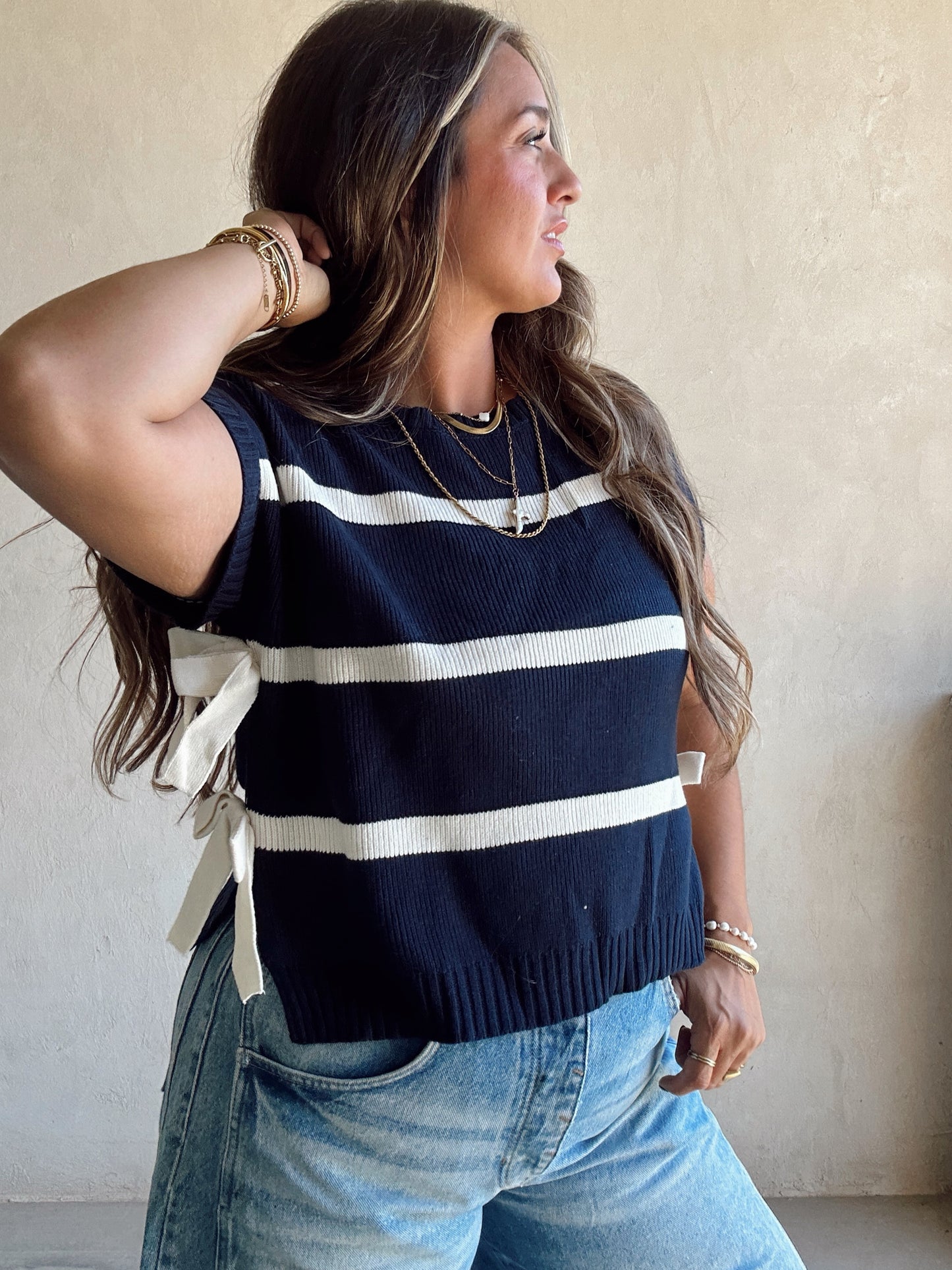 Lainee Striped Top with Side Bows in Navy, Mocha, and Ivory