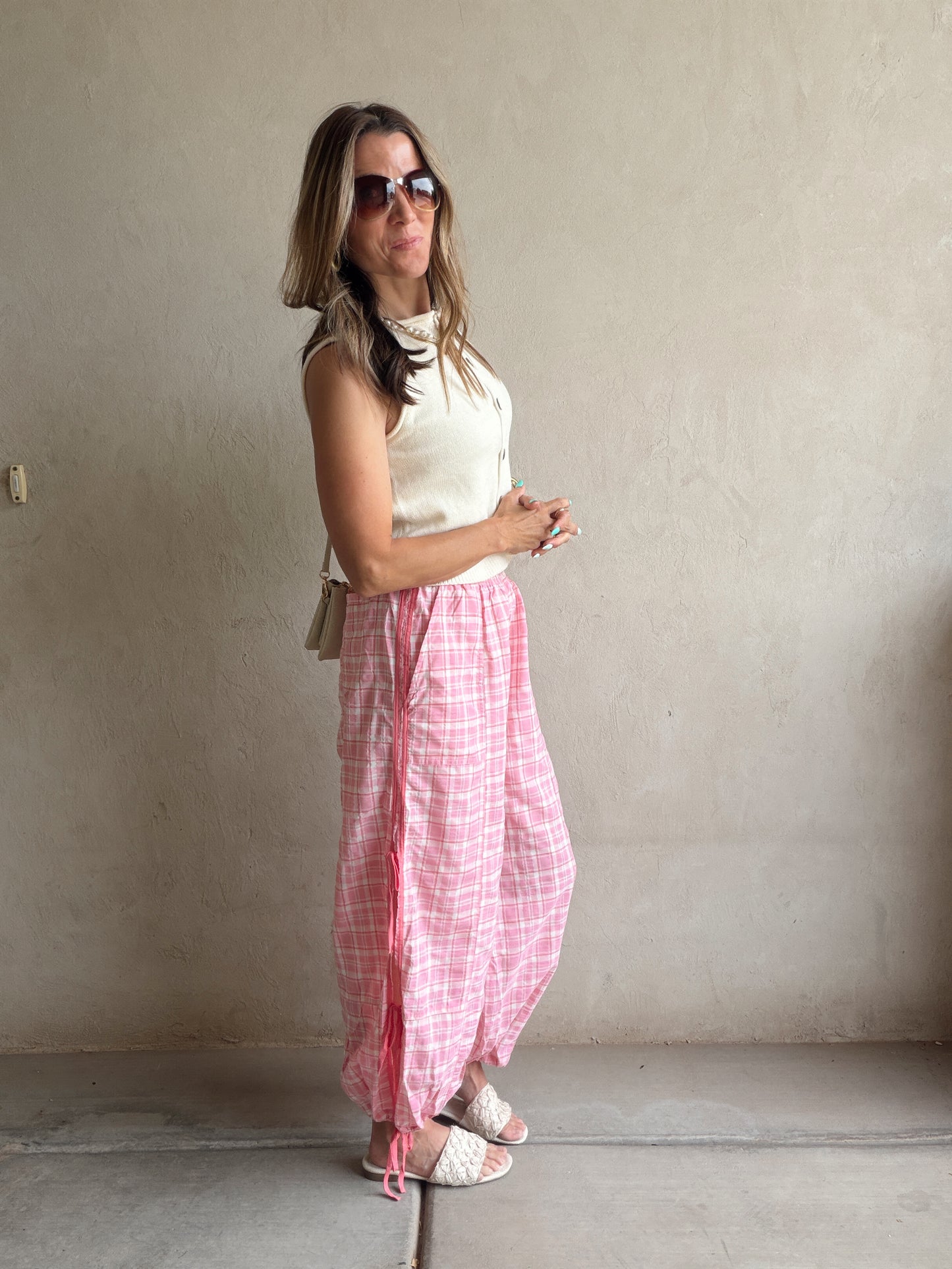 Christine Parachute Pants in Pink Plaid