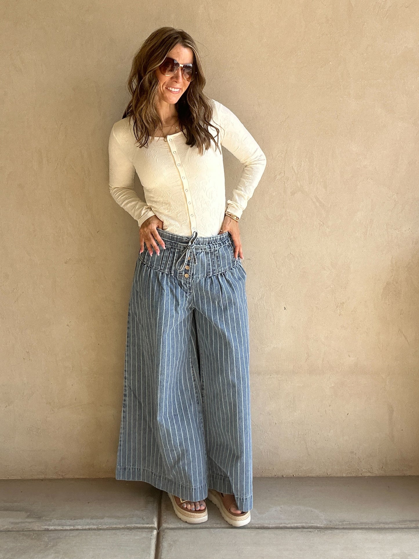 Natalie Pintuck Wide Leg Striped Pants