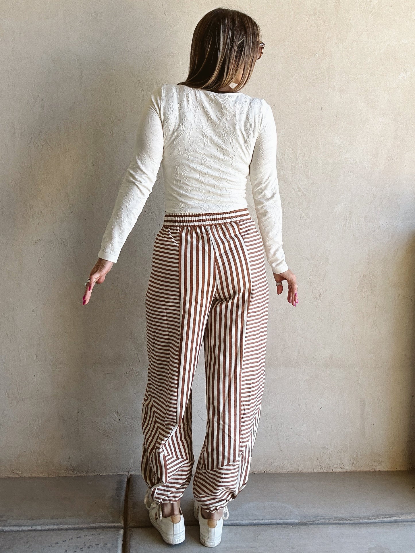 Ella Parachute Striped Pants in Pecan & Ivory