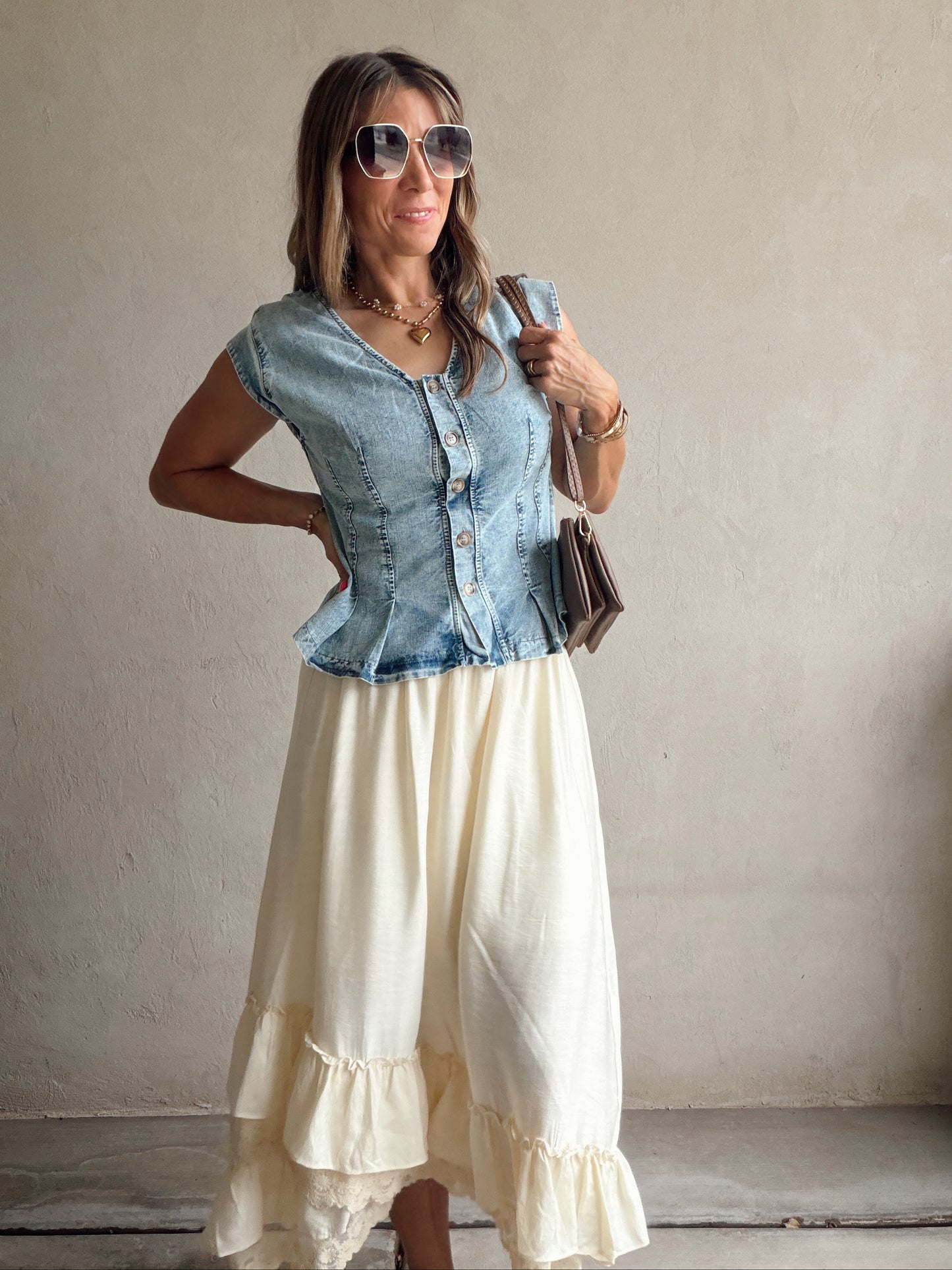 Kennedy Ruffle Top in Washed Denim