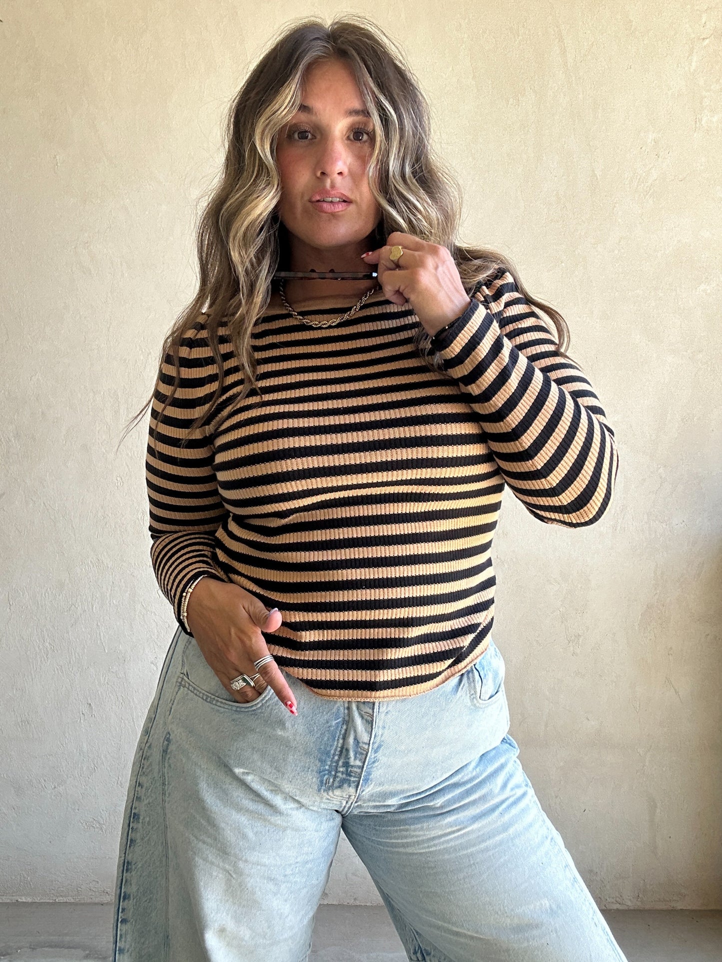 Sheila Striped Boatneck Top in Carmel & Black