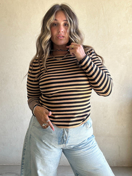 Sheila Striped Boatneck Top in Carmel & Black