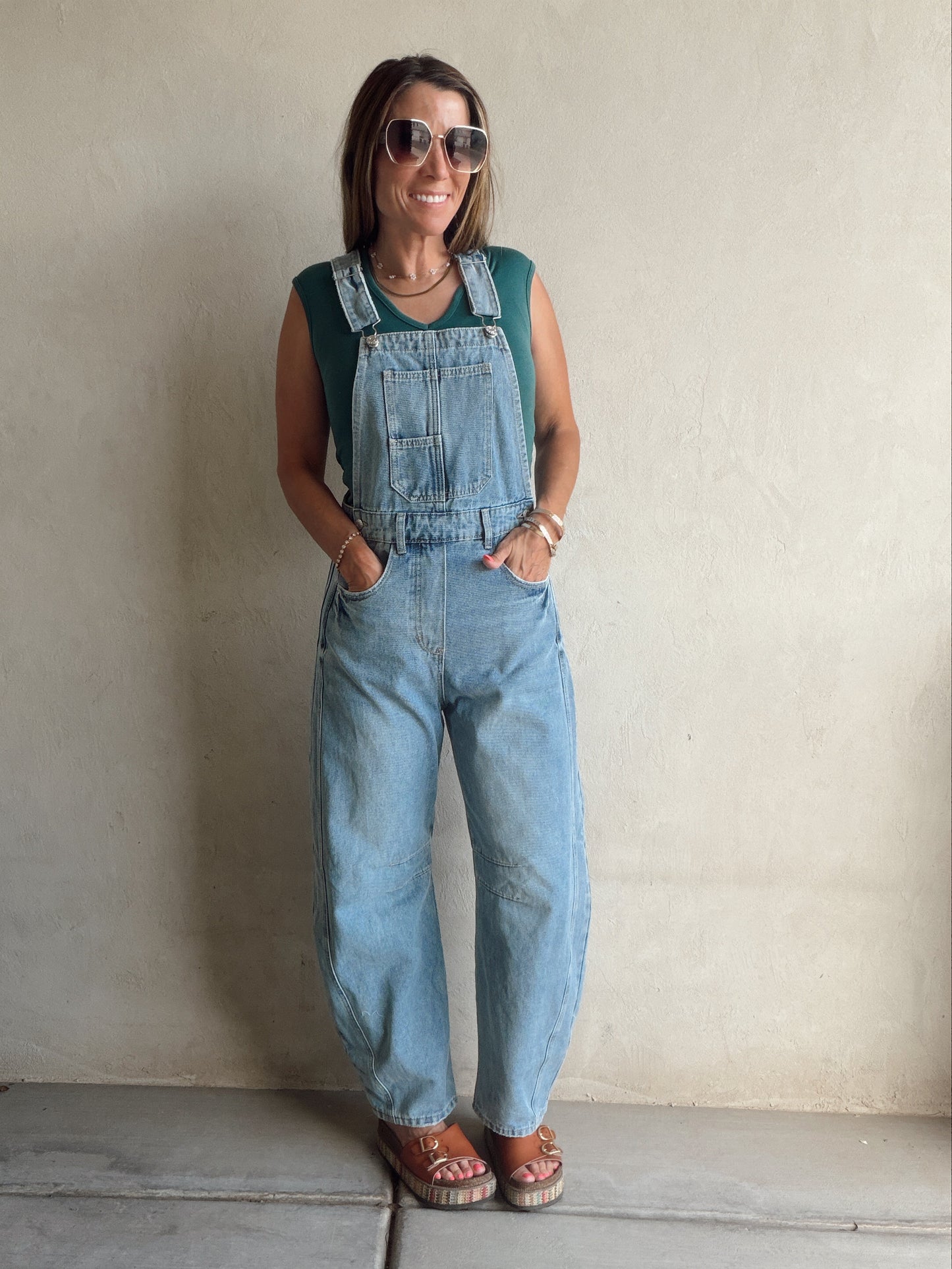 Bridget Denim Barrel Overalls in Medium Wash