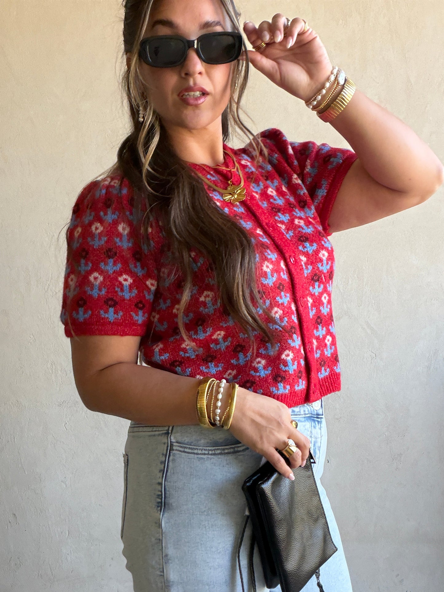 Maddy Button Down Cardigan in Red & Blue