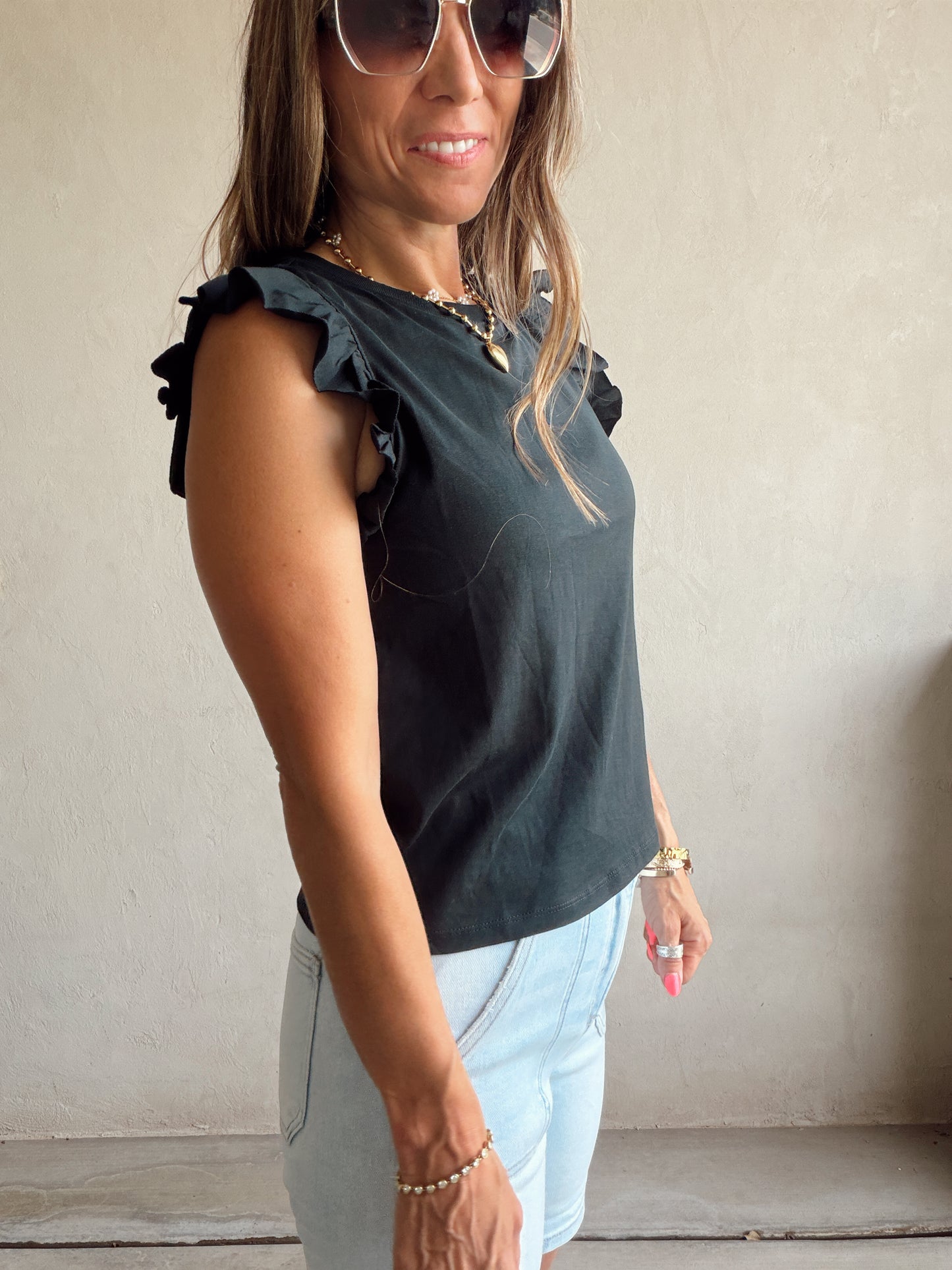 Hannah Ruffle Sleeve Tank in Black