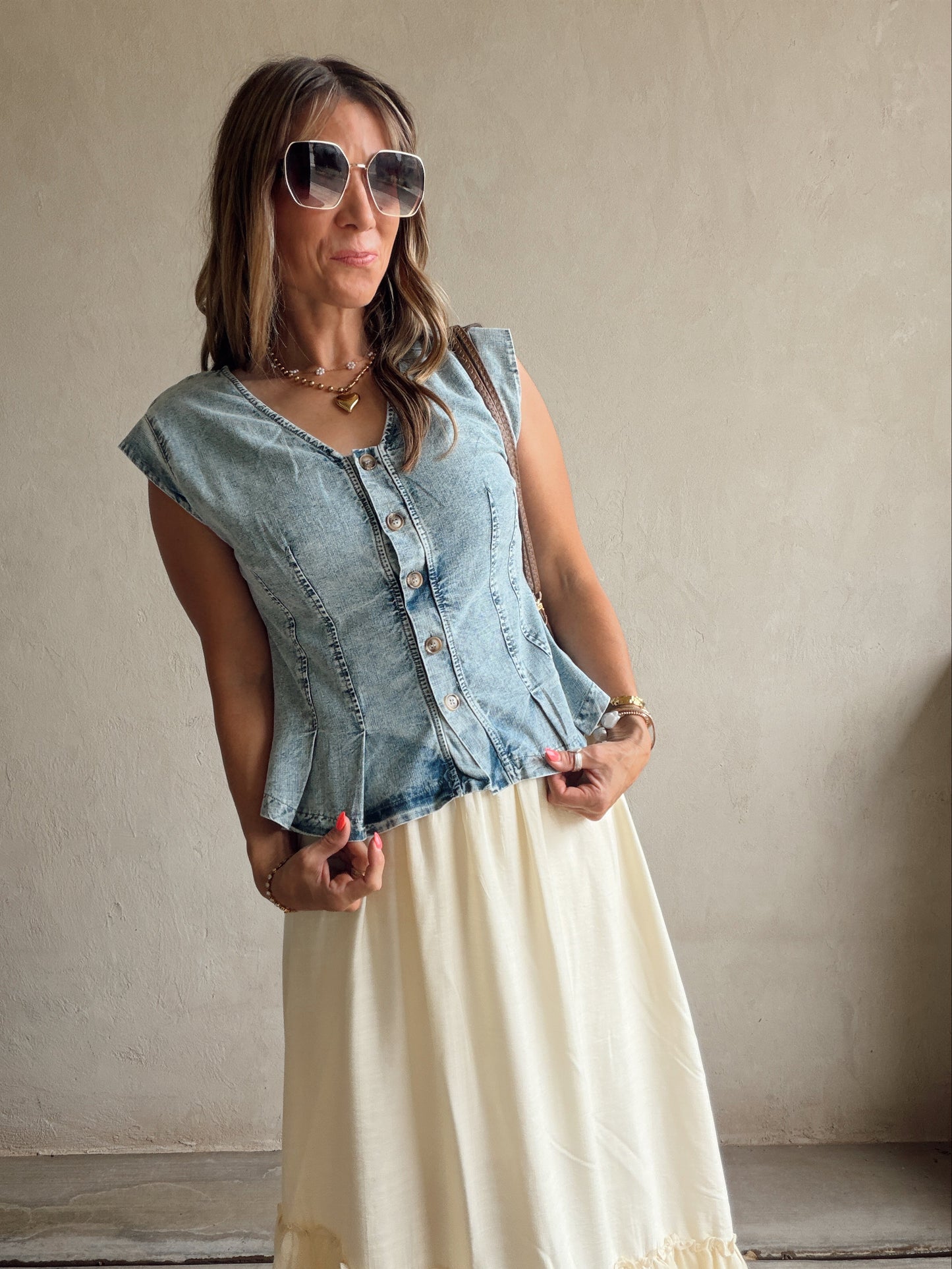Kennedy Ruffle Top in Washed Denim