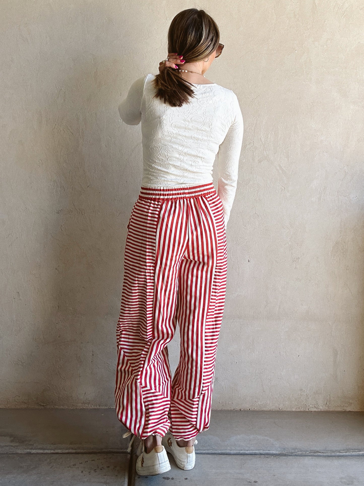 Ella Parachute Striped Pants in Red & Ivory