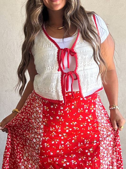 Kiana Crochet Vest in White with Red Trim