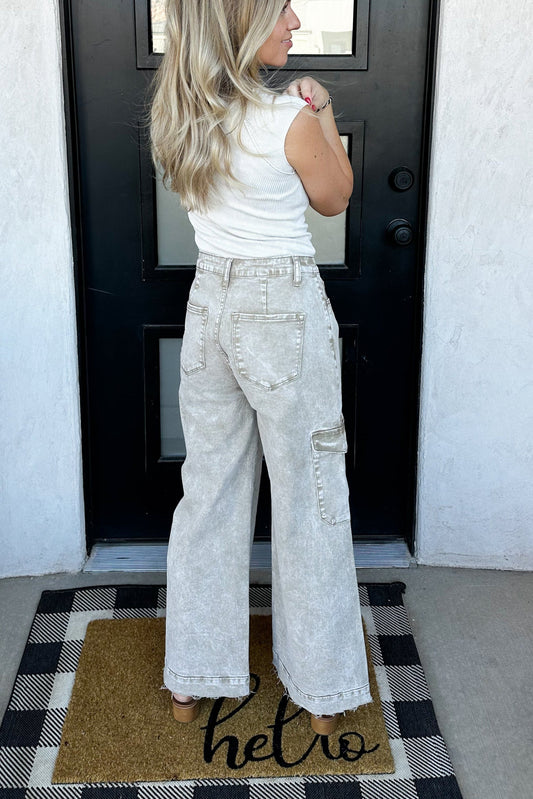 Navy Wide Leg Cargo Jeans in Tan
