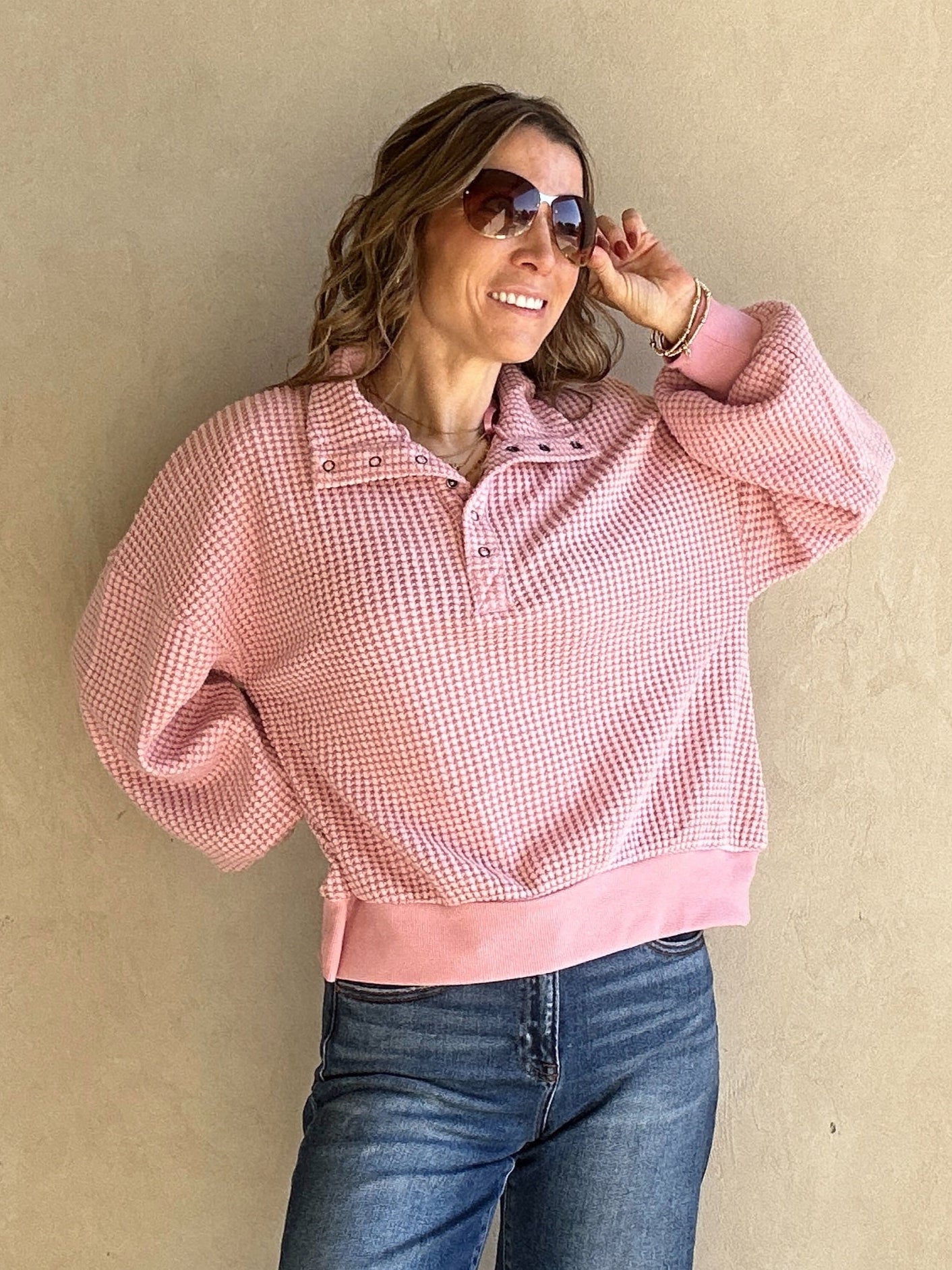 Suzy Button Down Waffle Sweatshirt in Pink