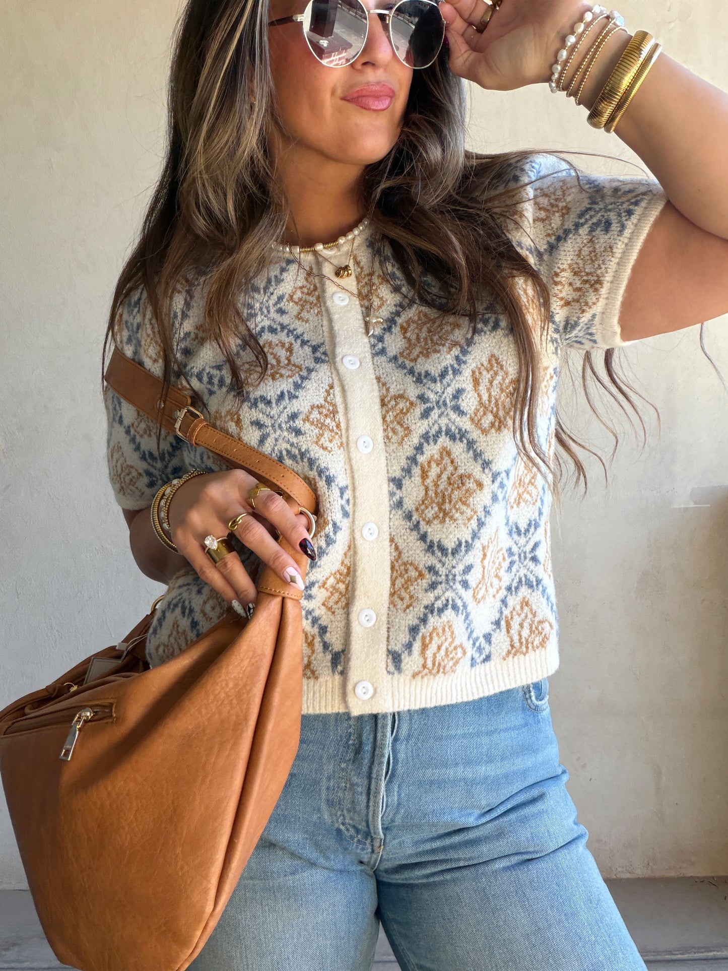 Maddy Button Down Cardigan in Blue & Camel