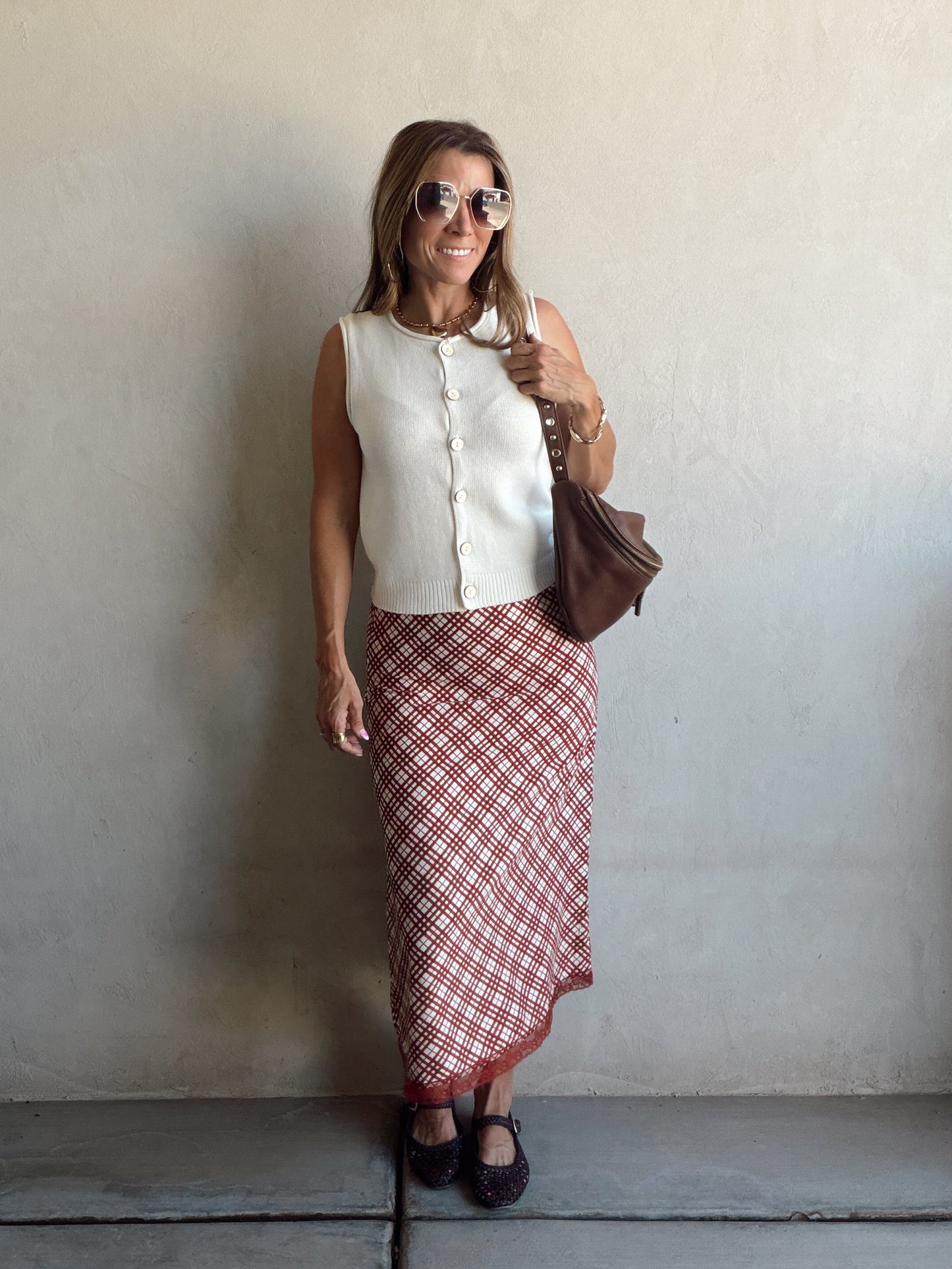Plaid Skirt in Burgundy & Cream