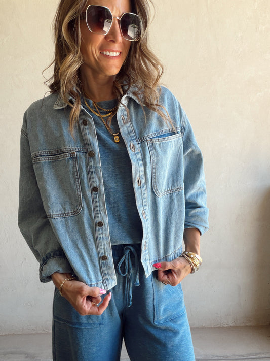 Bri Cropped Medium Wash Denim Jacket