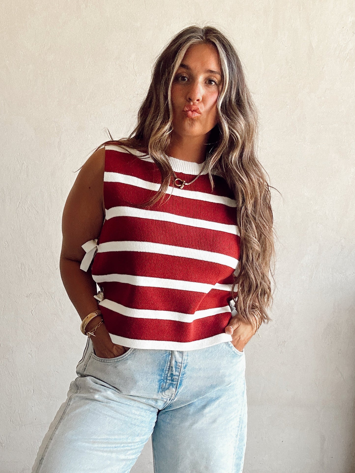 McKenna Striped Vest in Burgundy & Ivory