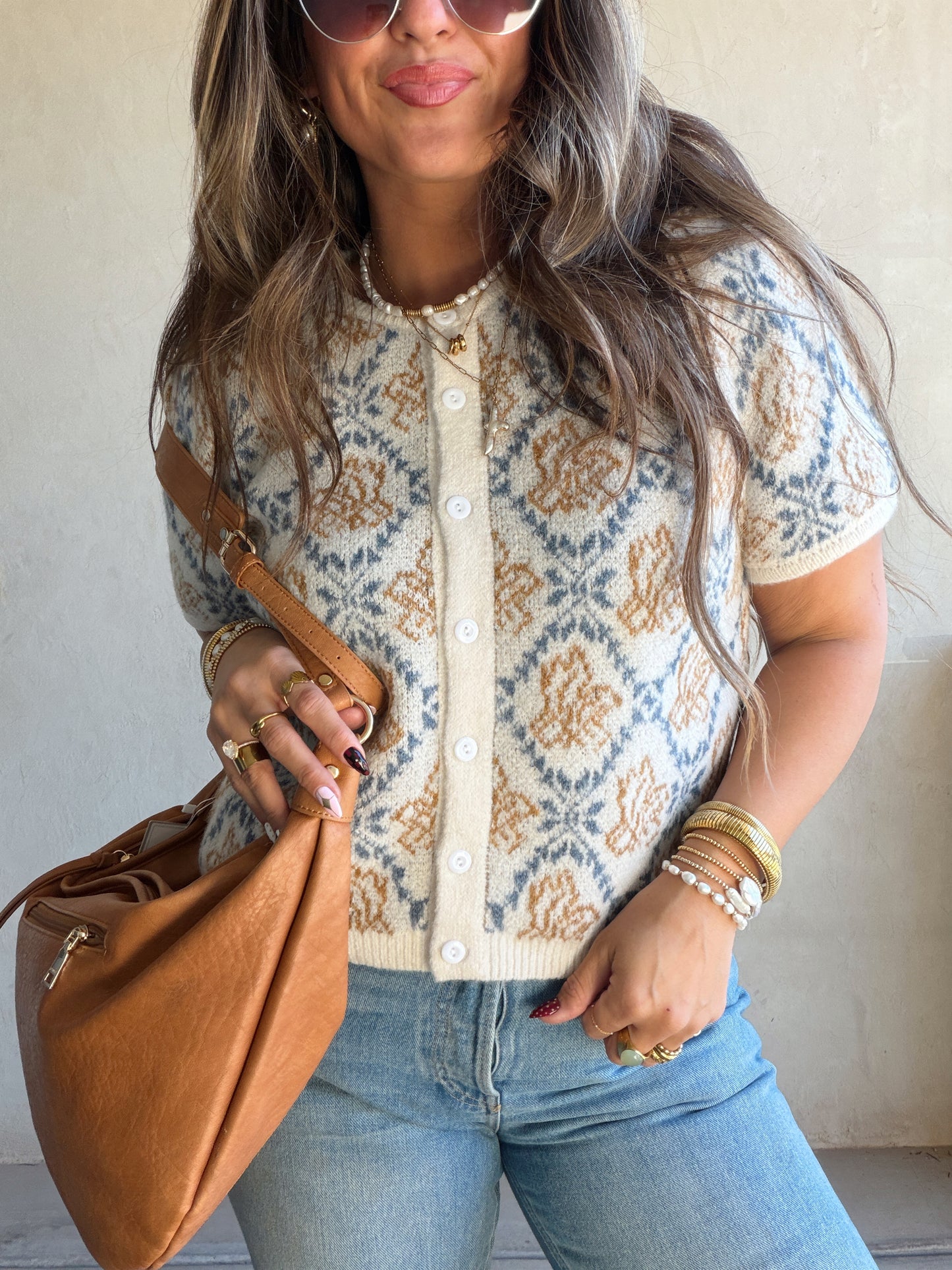 Maddy Button Down Cardigan in Blue & Camel