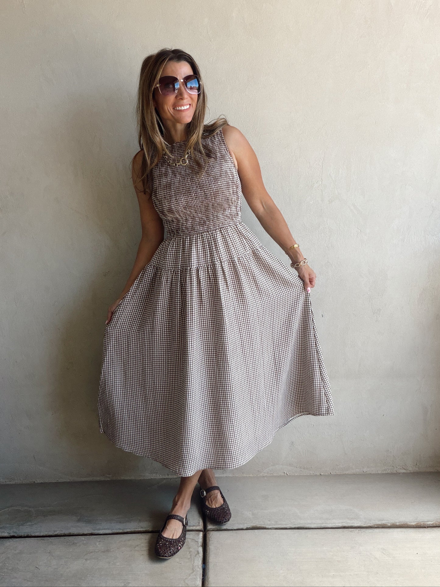 Denise Dress in Gingham Dress in Chocolate & Cream