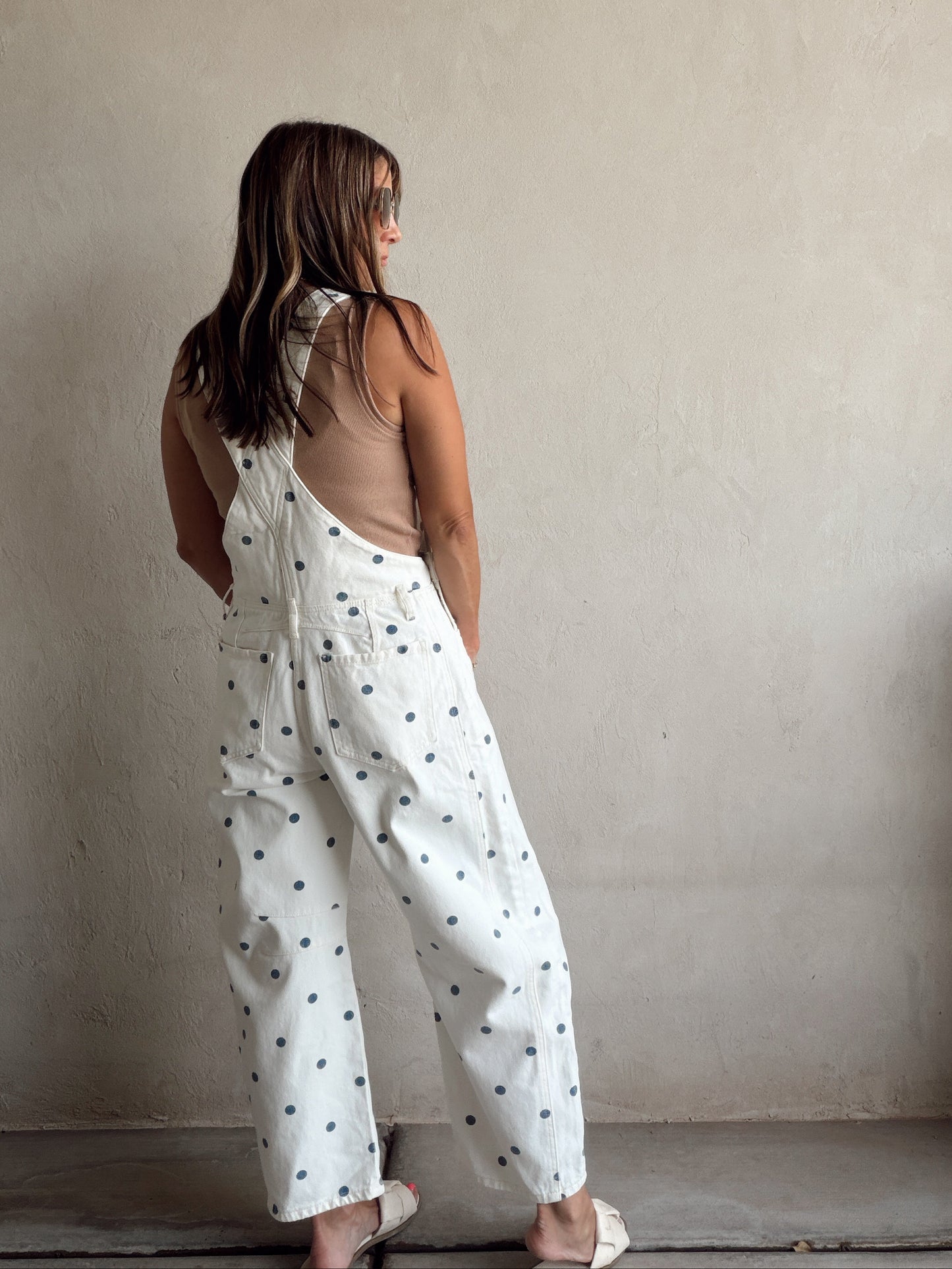 Leah Barrel Overalls in Cream with Blue Polka Dots