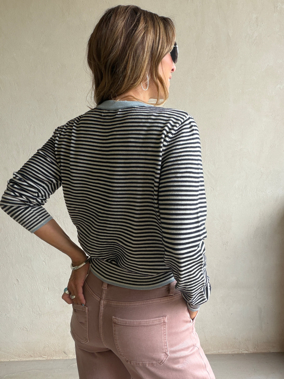 Adrienne Cardigan in in Dark Navy Stripe