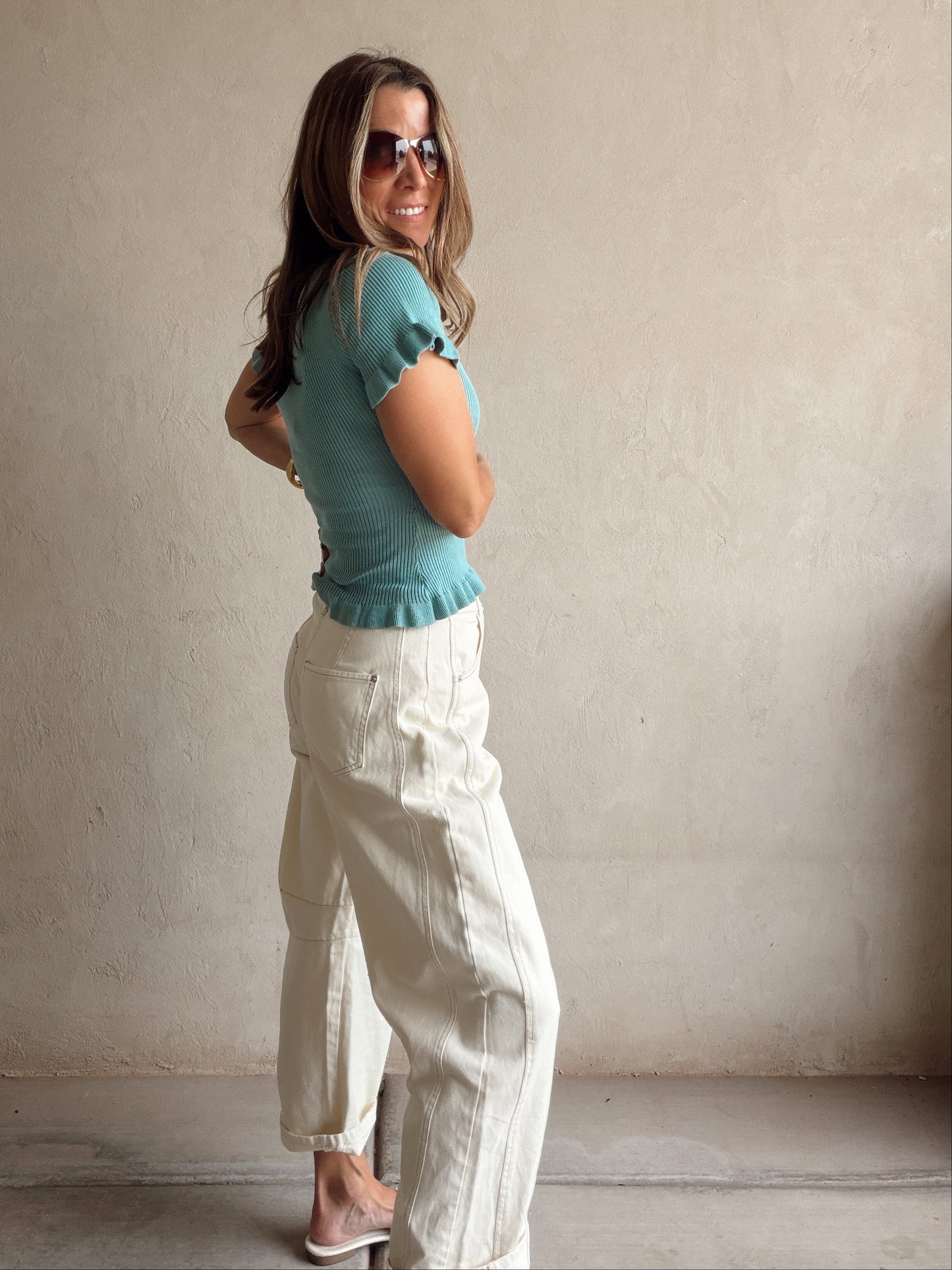 Rilee Ribbed Scoop Neck Top in Teal