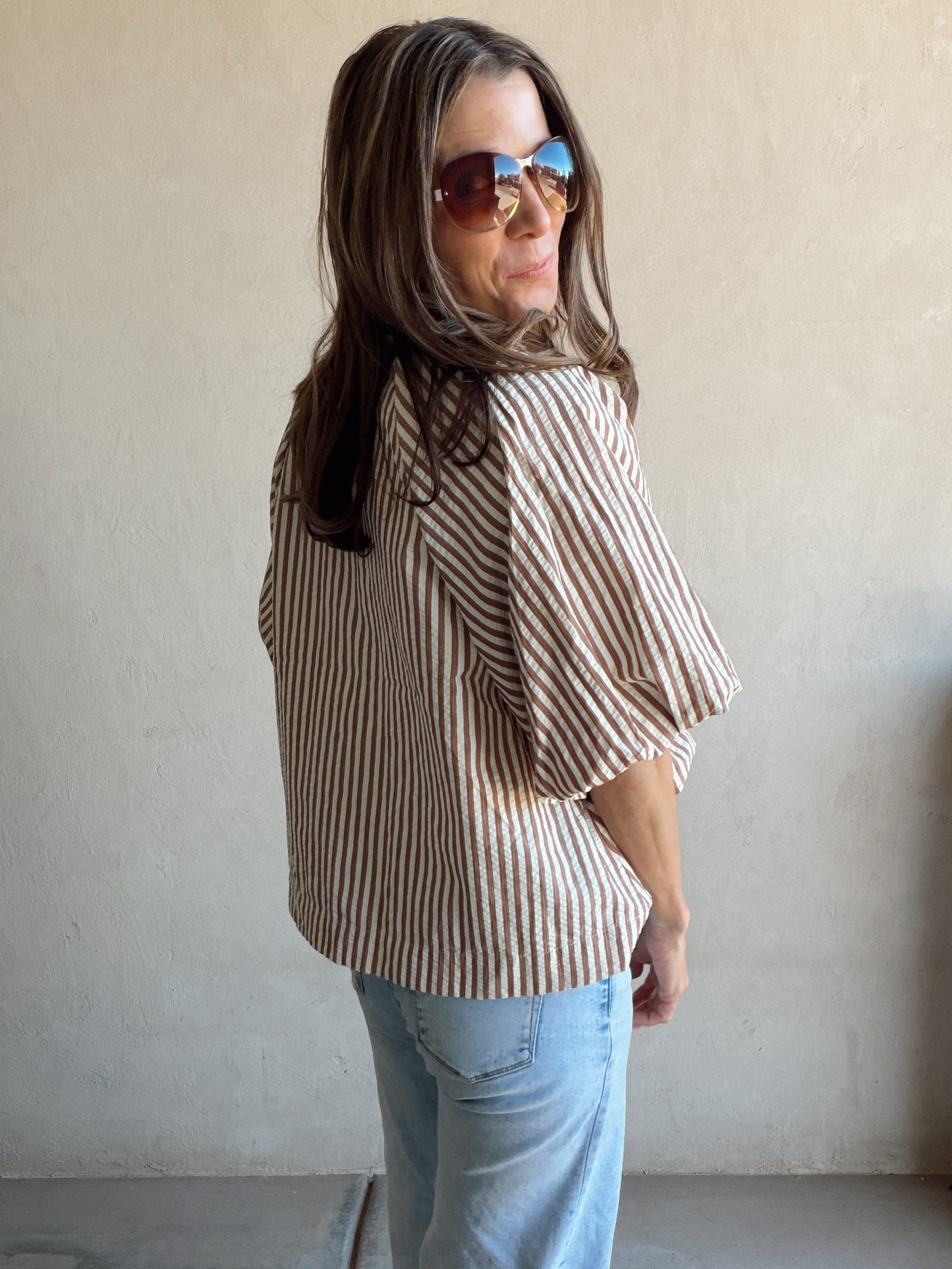 Jess Button Up Top in Pecan Stripe