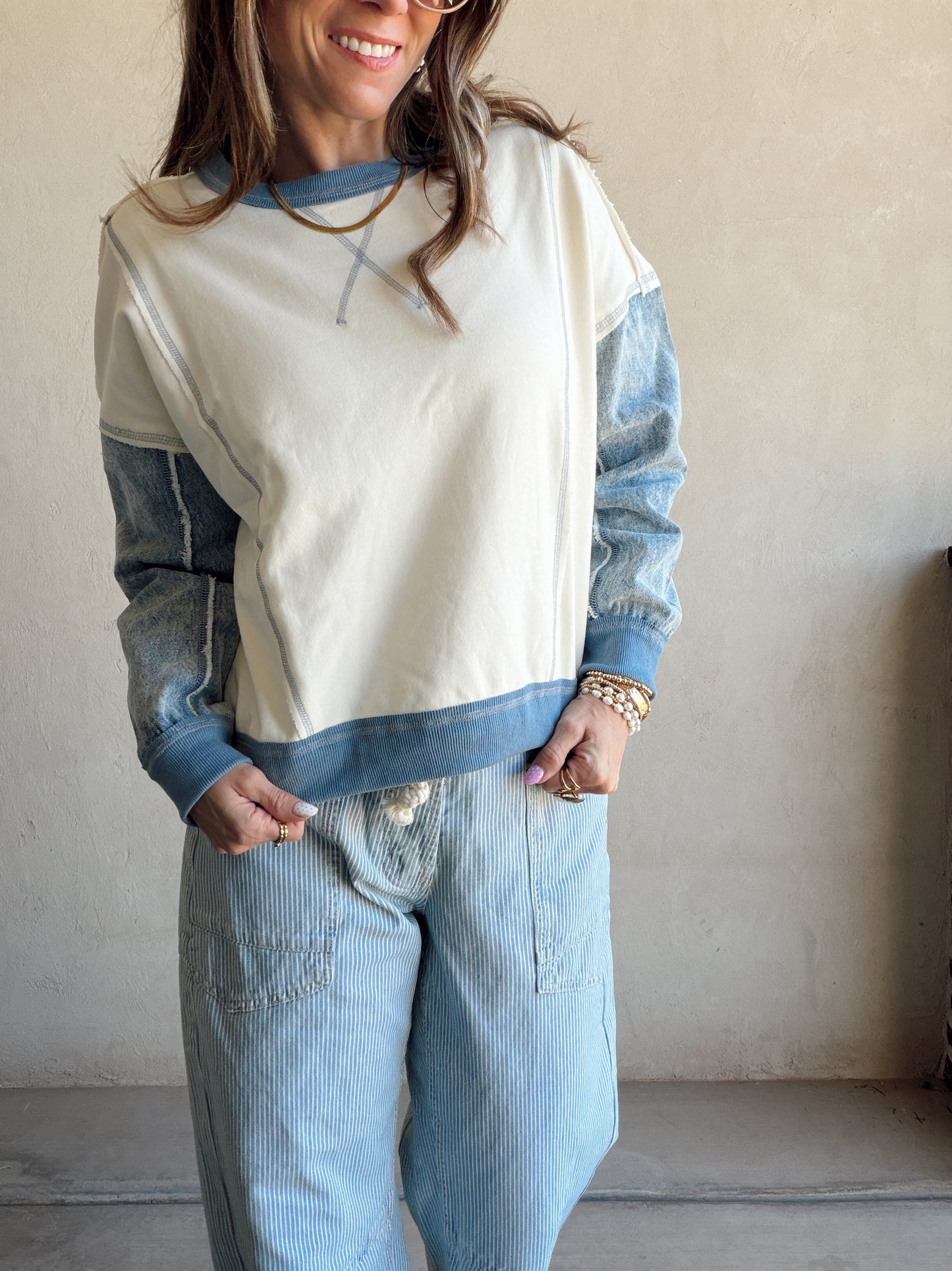 Jamie Pullover in Cream & Denim