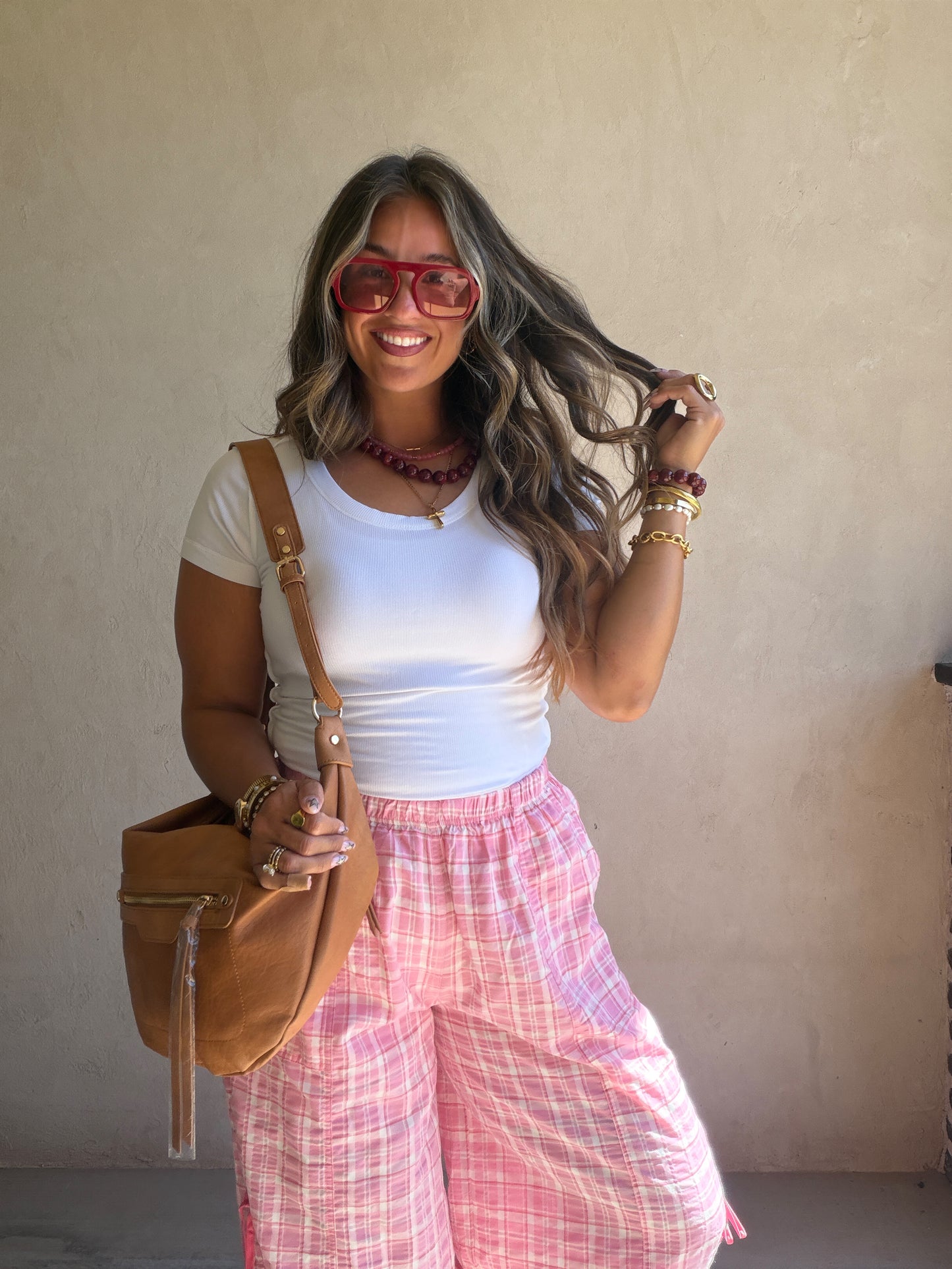 Christine Parachute Pants in Pink Plaid