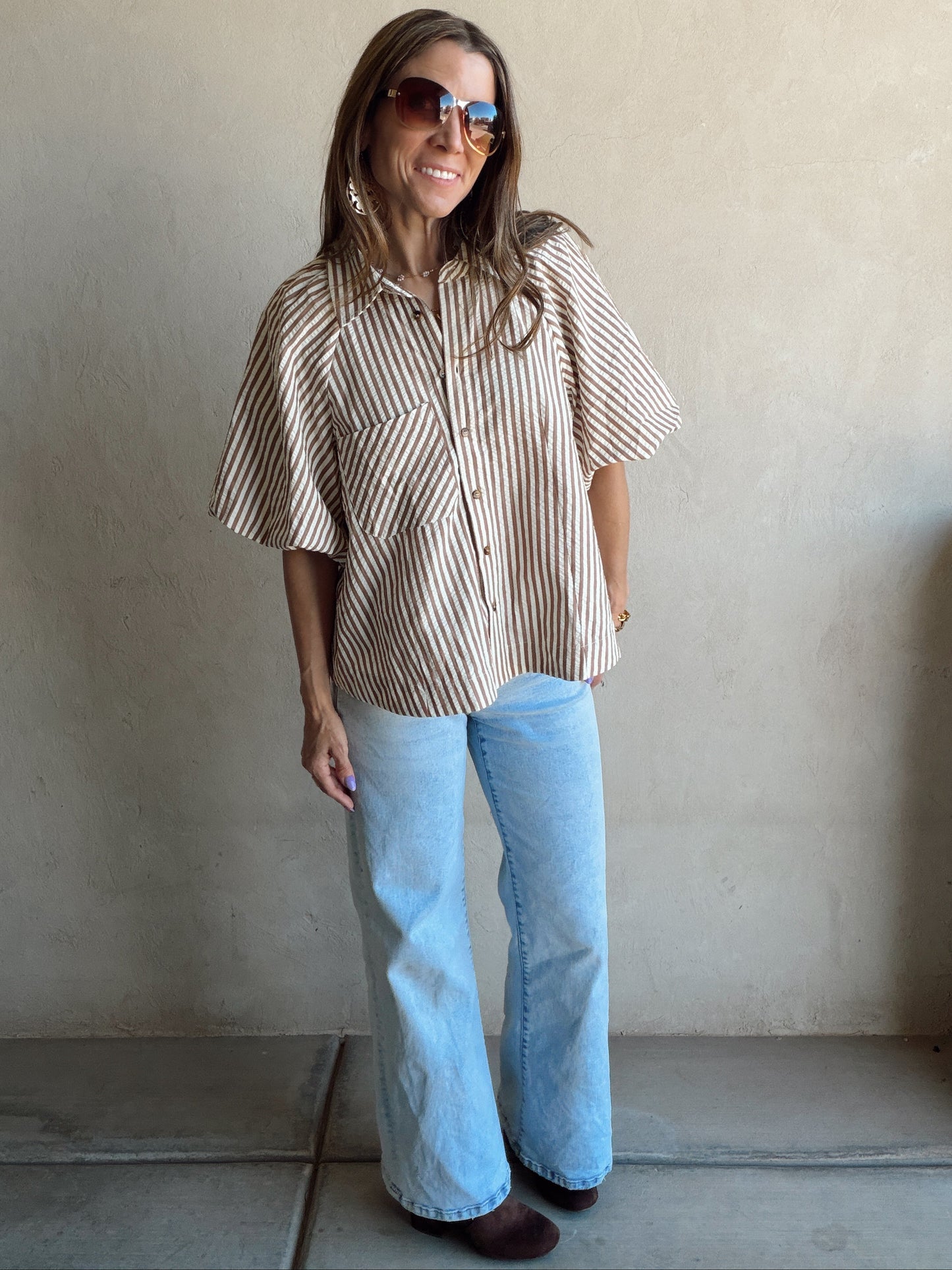 Jess Button Up Top in Pecan Stripe