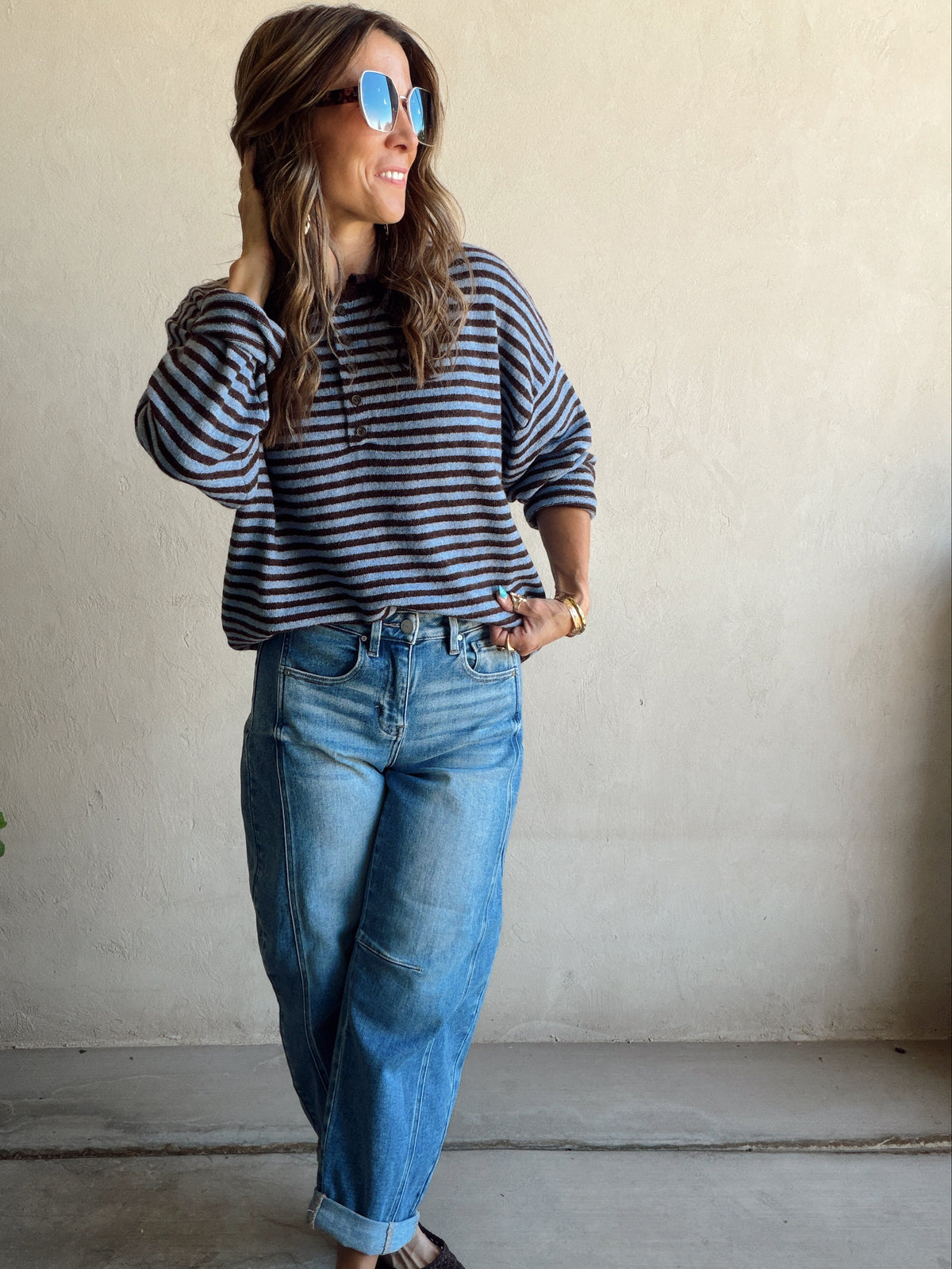 Hanna Henley Sweater in Blue & Chocolate