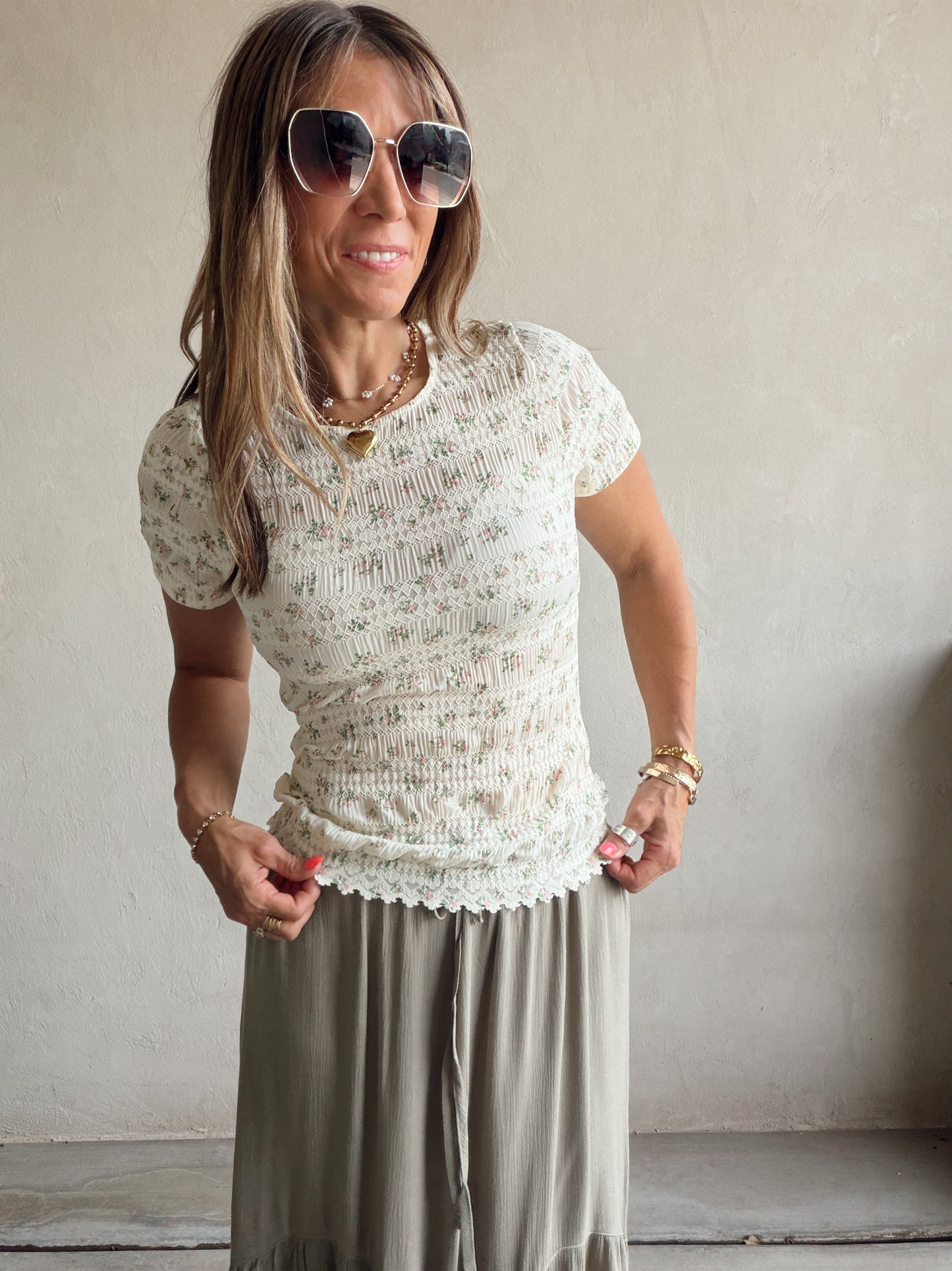 Andrea Fitted Floral Top in Cream