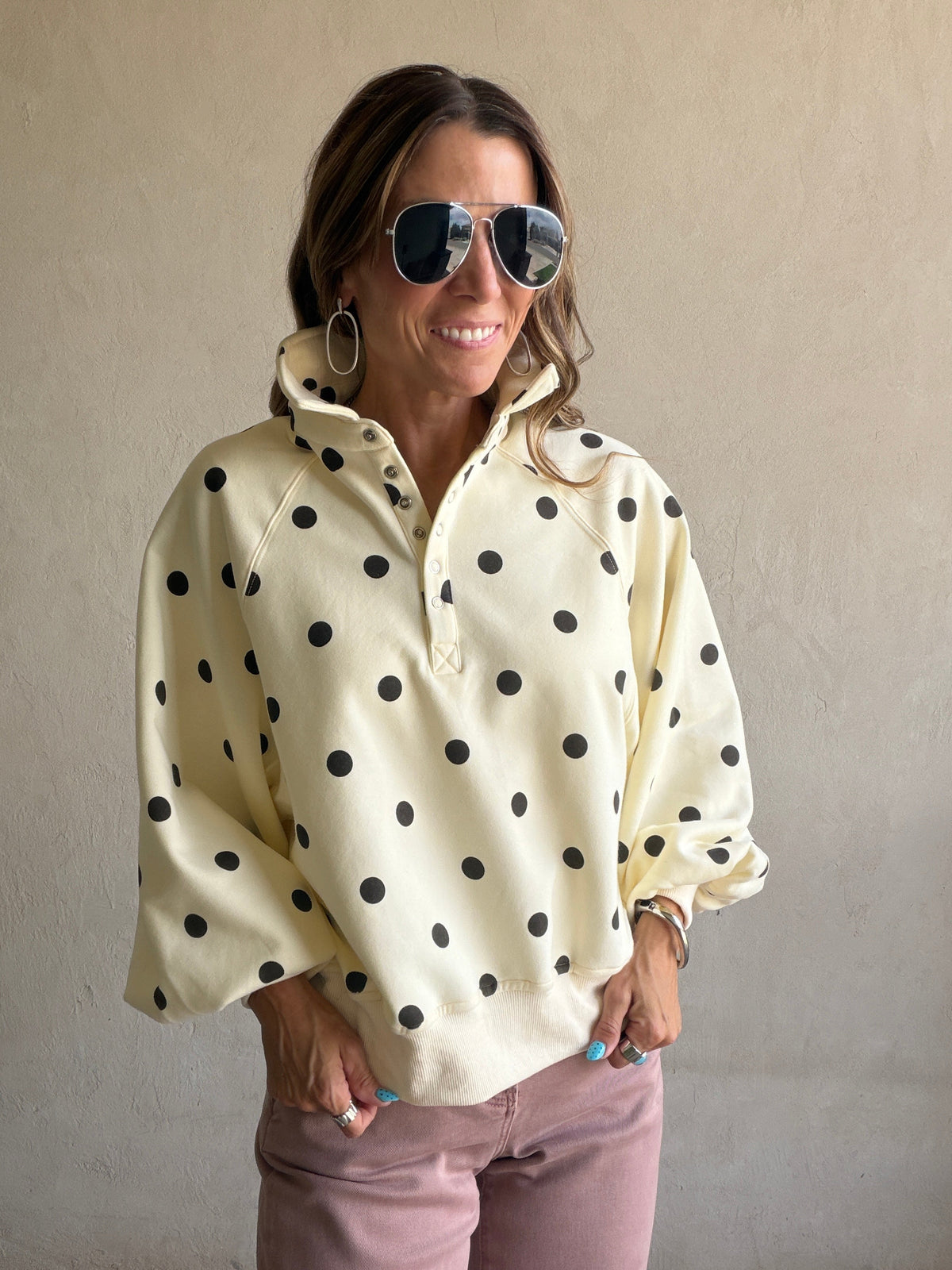Kaylani Sweatshirt in Soft Yellow & Dark Brown Polka Dot