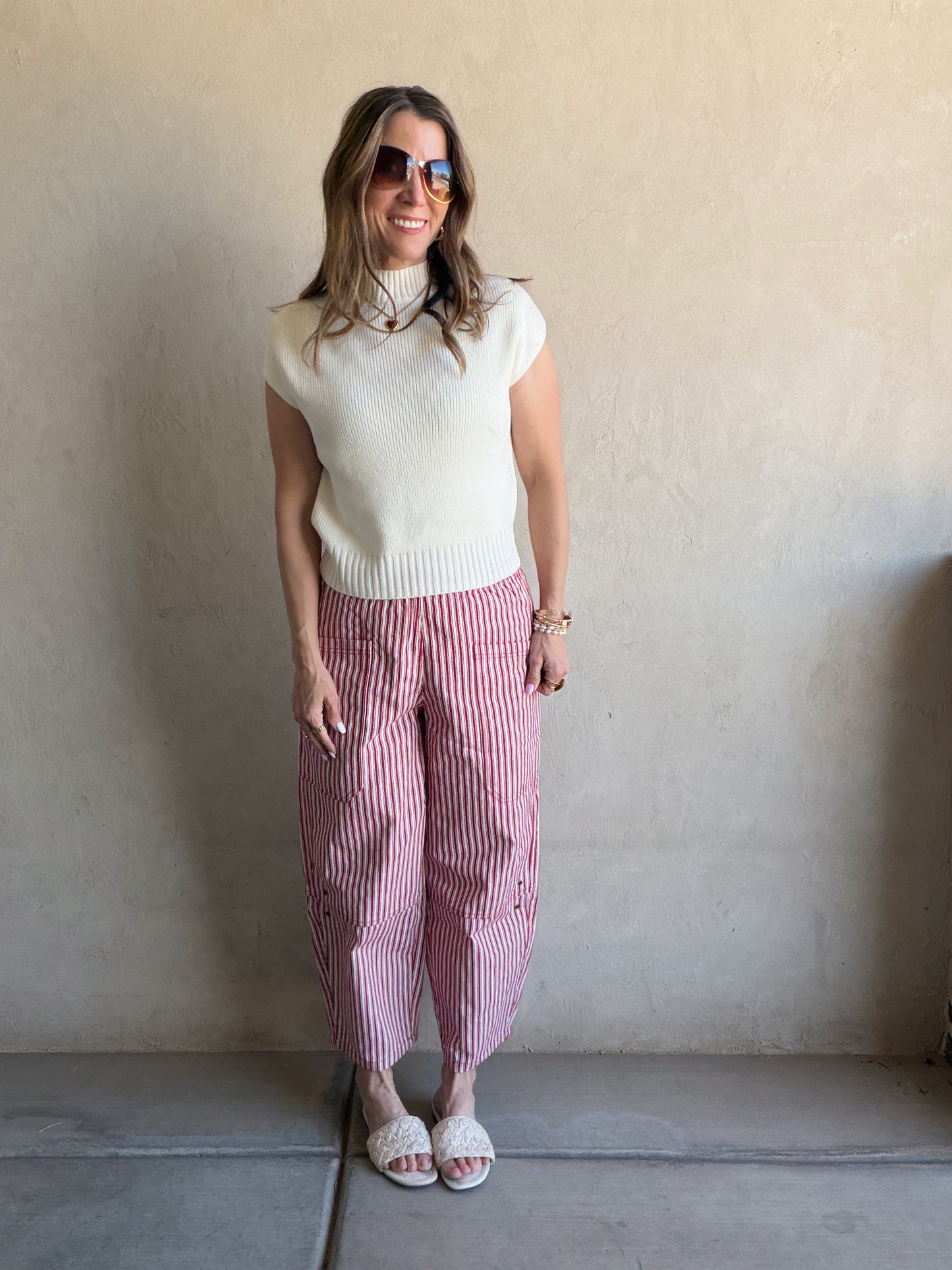 Striped Barrel Pant in Red