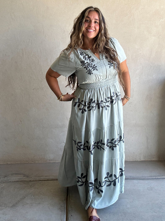 Sunday Embroidered Dress in Sage