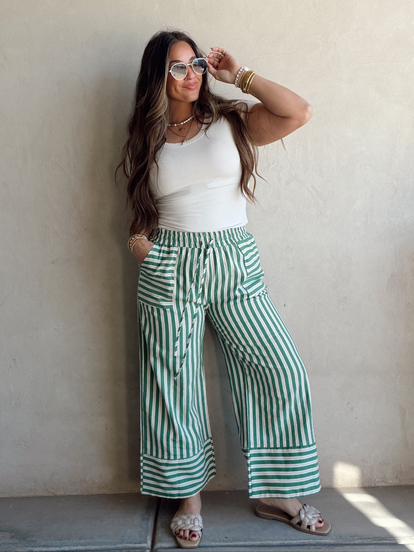 Kyla Drawstring Stripe Linen Pants in Green & Sand
