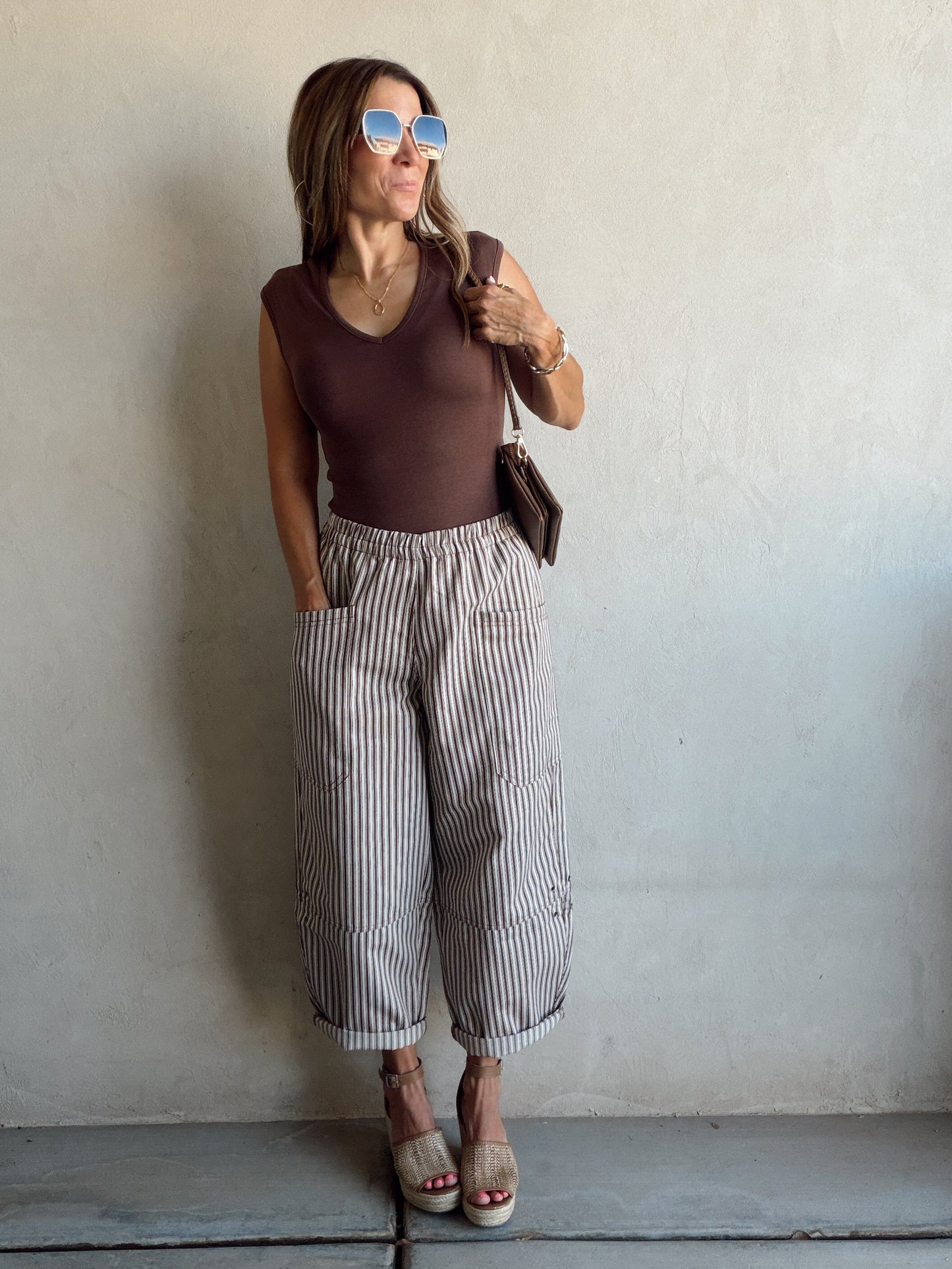 Sabrina Striped Barrel Pants in Brown