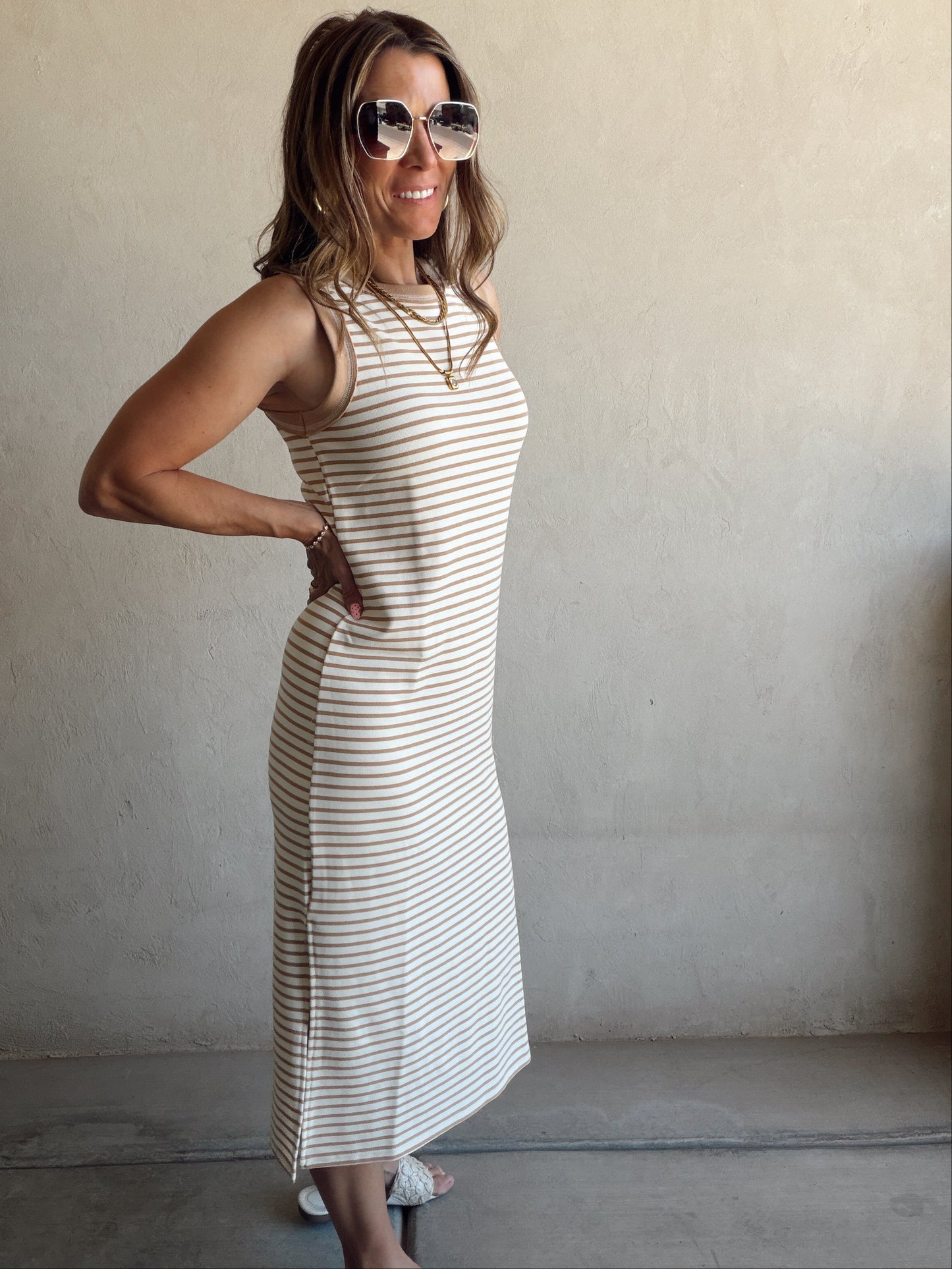 Iris Dress in Camel & Cream