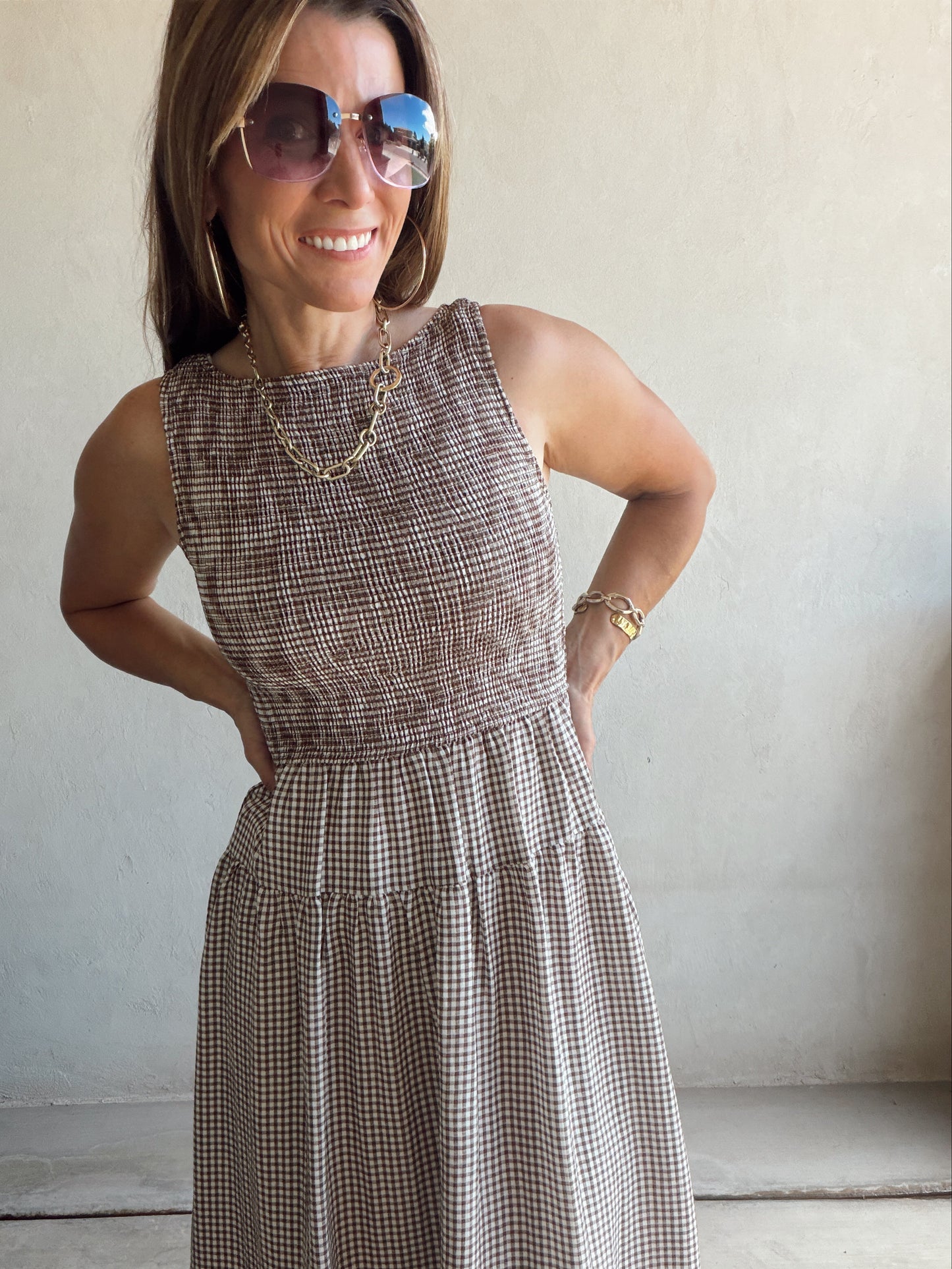 Denise Dress in Gingham Dress in Chocolate & Cream